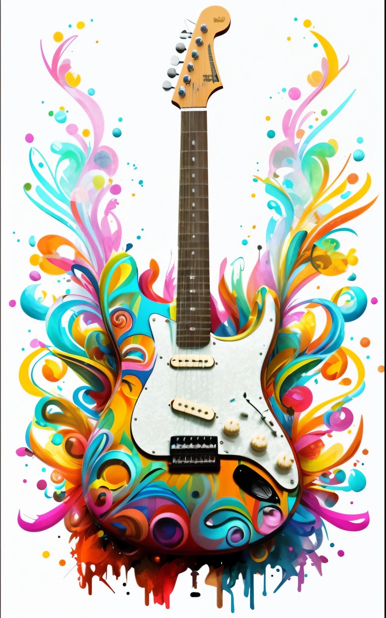 um close de uma guitarra com um desenho colorido, Electric guitar, Stratocaster Fender, music poster, arte conceitual da guitarra, psychedelic style, rocking out, poster artwork, Guitarra, classic guitar, arte colorida, cheio de cores e detalhes ricos, colorful explosion, campy e colorido, Arte de Alessandro Pautasso, gotejamento com cor, solo de guitarra