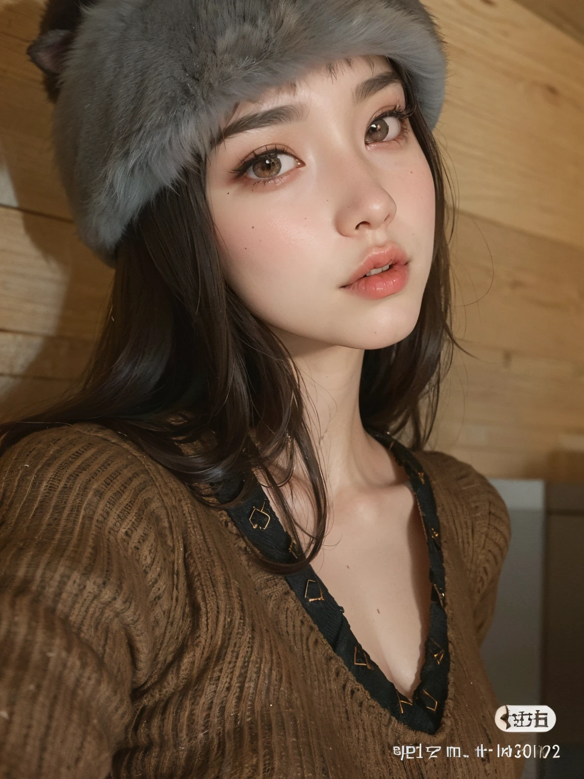 Arafed woman with a fur hat and a brown sweater., ulzzang, dilraba dilmurat, brown hair and large eyes, chica linda-fina-cara, Sakimichan, pale-skinned persian girl, con sombrero, con cara linda - fina -, Chica coreana, with brown hair, Heonhwa Choe, thin, pale lips