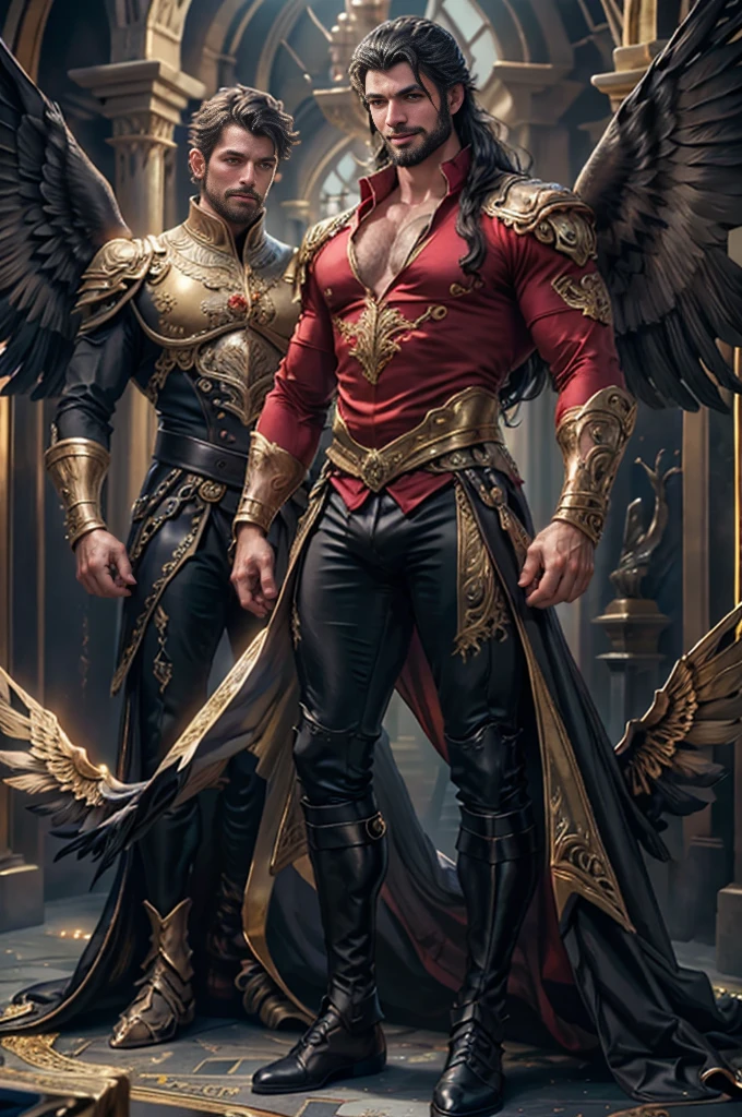 a man, ((18 years old)) with long black hair, blue eyes, beard, smiling, strong pectoral, virile and sexy body, ((full body)), wearing red shirt and black pants, Victorian style, in the background crystal and gold castle with giant birds, Daeni Pin Style, [Daniel F. Gerhartz Style::0.5], UHD Image, Rent, 8k, photo-realistic, Epic lighting, Sharp, Realistic, Romantic, focus,