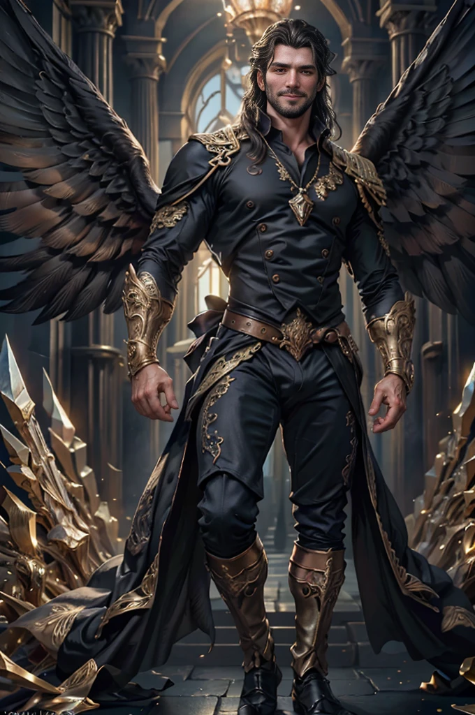 a man, ((18 years old)) with long black hair, blue eyes, beard, smiling, strong pectoral, virile and sexy body, ((full body)), wearing red shirt and black pants, Victorian style, in the background crystal and gold castle with giant birds, Daeni Pin Style, [Daniel F. Gerhartz Style::0.5], UHD Image, Rent, 8k, photo-realistic, Epic lighting, Sharp, Realistic, Romantic, focus,