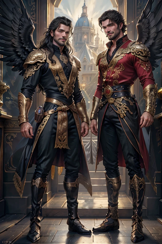 a man, ((18 years old)) with long black hair, blue eyes, beard, smiling, strong pectoral, virile and sexy body, ((full body)), wearing red shirt and black pants, Victorian style, in the background crystal and gold castle with giant birds, Daeni Pin Style, [Daniel F. Gerhartz Style::0.5], UHD Image, Rent, 8k, photo-realistic, Epic lighting, Sharp, Realistic, Romantic, focus,