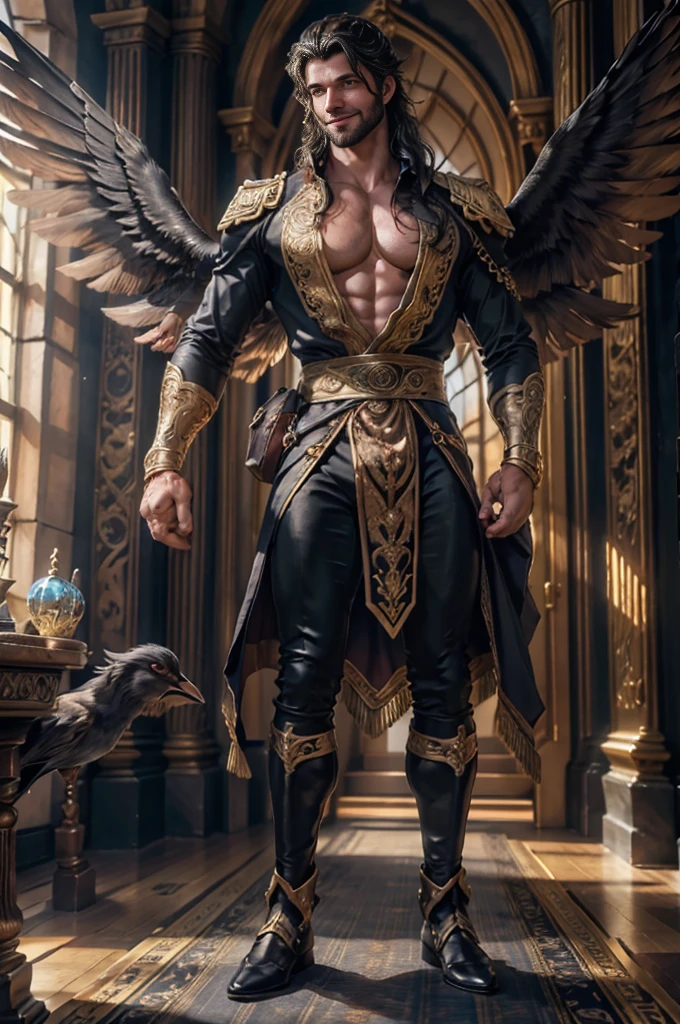 a man, ((18 years old)) with long black hair, blue eyes, beard, smiling, strong pectoral, virile and sexy body, ((full body)), wearing red shirt and black pants, Victorian style, in the background crystal and gold castle with giant birds, Daeni Pin Style, [Daniel F. Gerhartz Style::0.5], UHD Image, Rent, 8k, photo-realistic, Epic lighting, Sharp, Realistic, Romantic, focus,