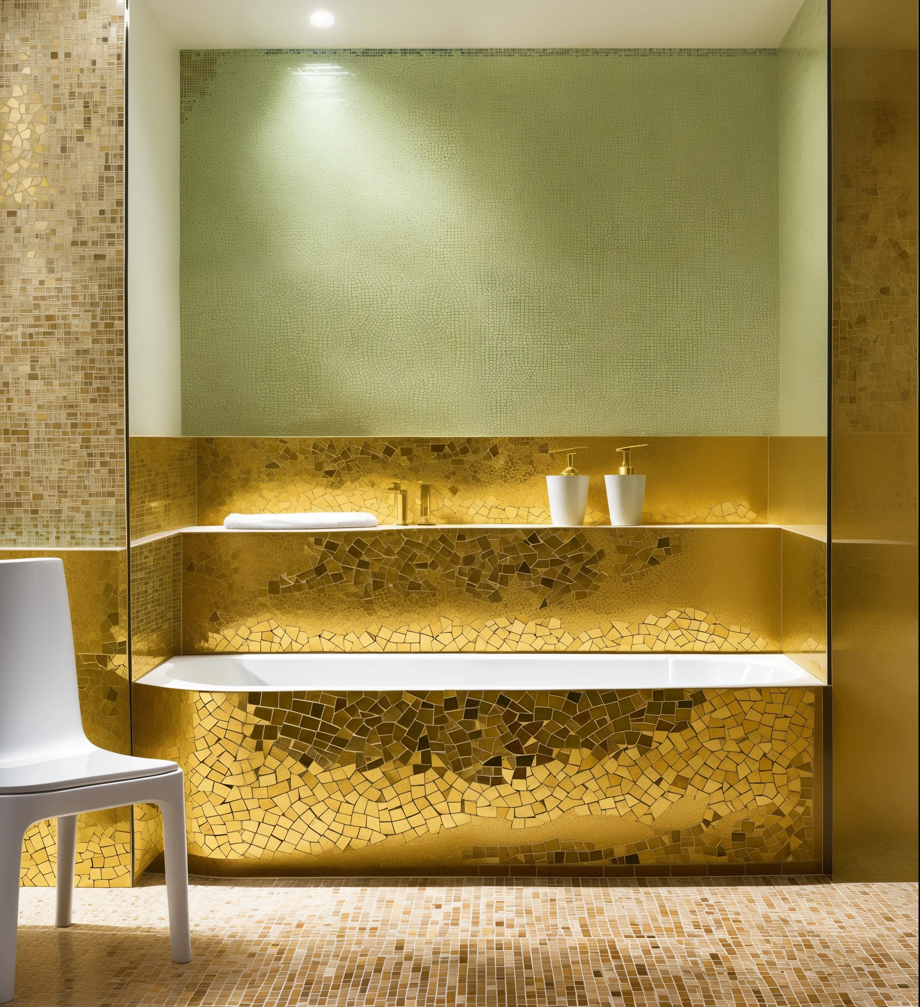 arafed bathroom with a tub and a chair in it, premium bathroom design, mosaic style, modern design, modern look, modern bathroom, glass mosaic, modern style, gold and luxury materials, bathroom, irregularly shaped mosaic tiles, in bathroom, mosaic, tiling, inspiration, bathtub, motivational, bath like style, simple elegant design, extreme quality masterpiece