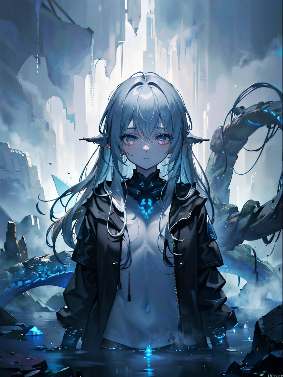 (masterpiece,best quality,ultra-detailed),1girl, greyish blue hair,dark blue hair, glowing eyes,dark background,in a lagoon,cloudy,fog,((monster girl)),(gray and black theme),((dark fantasy theme))