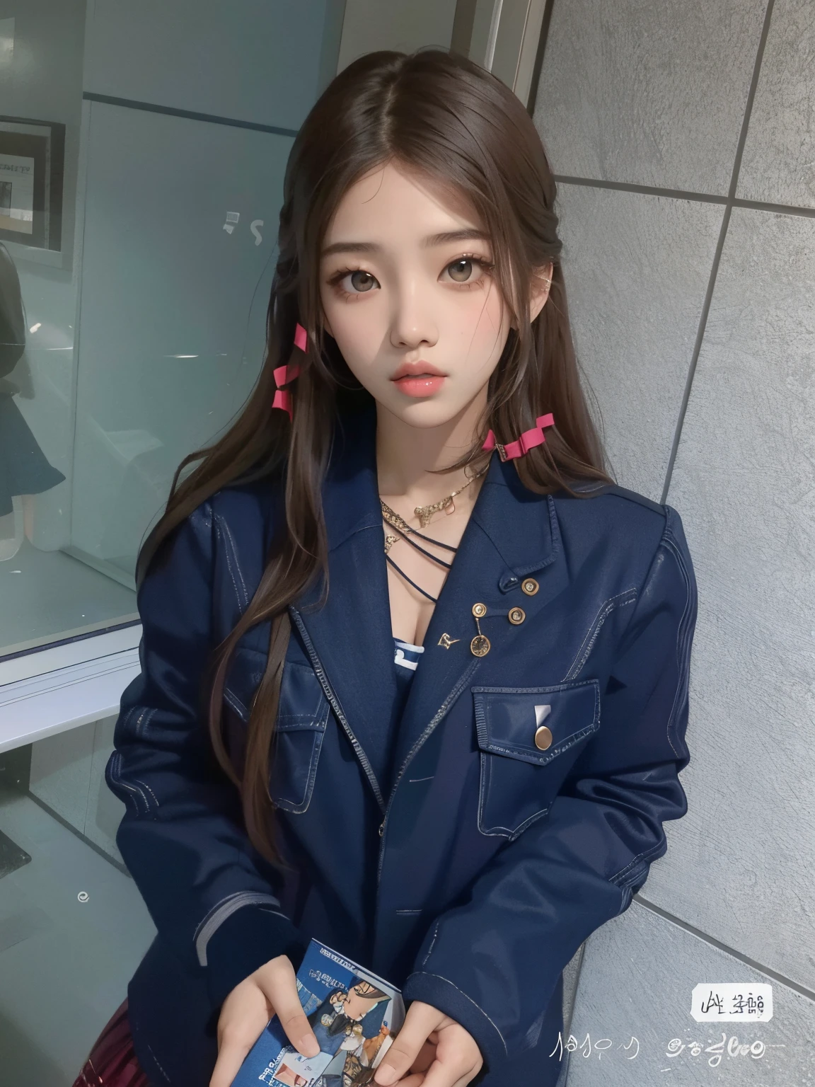 Mujer arafed con una chaqueta azul sosteniendo una caja azul con botones., ulzzang, Jinyoung Shin, Sakimichan, Jossi de Blackpink, Retrato de Jossi de Blackpink, Chica coreana, 19 year old girl, Foto de Slim Girl Model, Jisoo de Blackpink, 2 4 year old female model, Heonhwa Choe