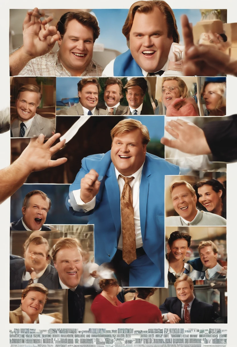 A Boomerang of Tommy high-fiving the factory workers as they finish up for the day.,Tommy Boy (1995),Tommy Callahan III, portrayed by Chris Farley in the movie “Tommy Boy,” is a lovable but bumbling character. He’s a bit overweight, with a disheveled appearance that matches his often clueless demeanor. Tommy’s known for his big heart and infectious enthusiasm, but he lacks the sophistication and business acumen expected in the corporate world. He’s often seen in ill-fitting suits, which complements his overall goofy and endearing persona.