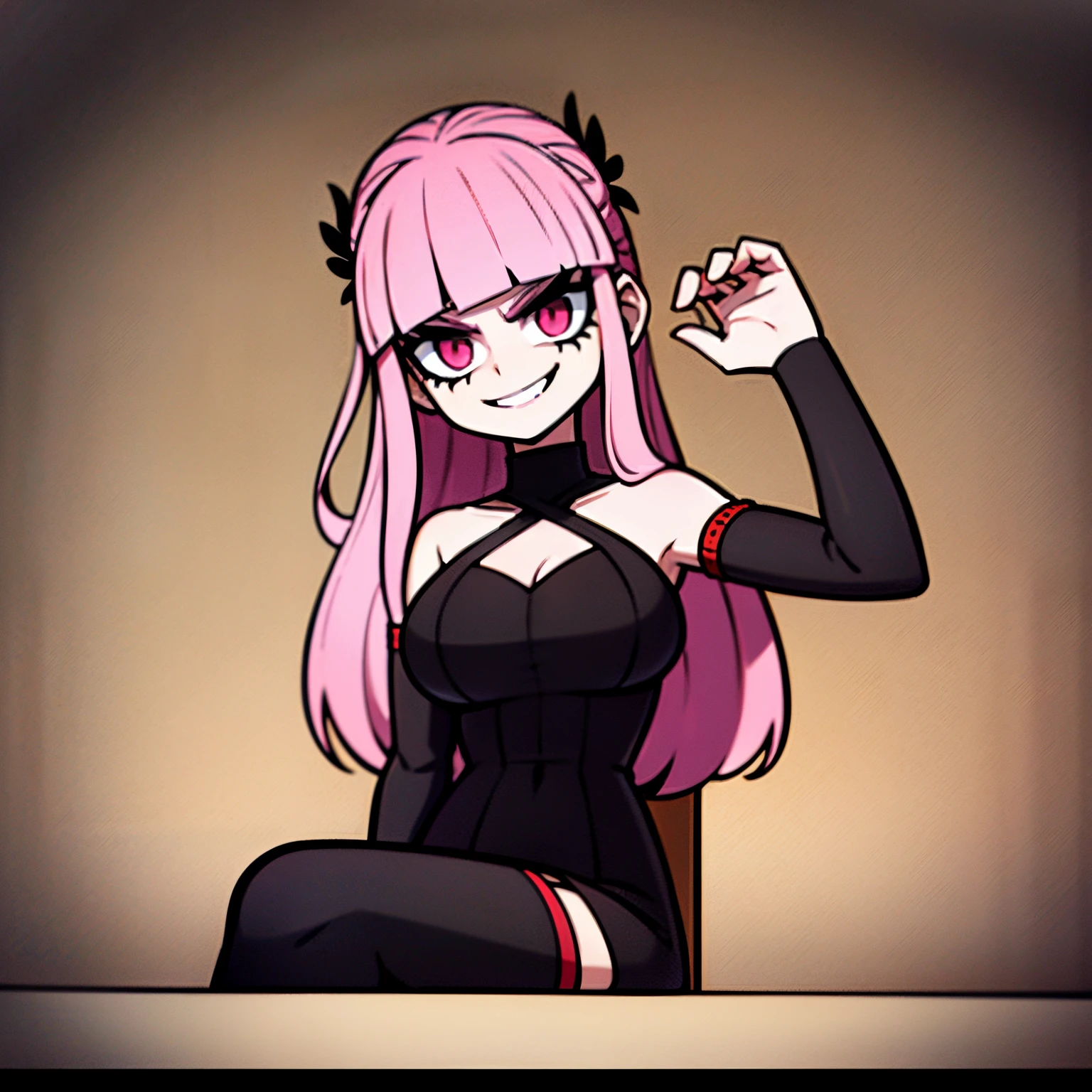 Young girl, pink hair, symmetrical hair, long hair, straight bangs, big eyes, eye shadows, goth, black dress, black leather dress, smile, sitting on a red throne, in a palace, 4k, masterpiece, detailed