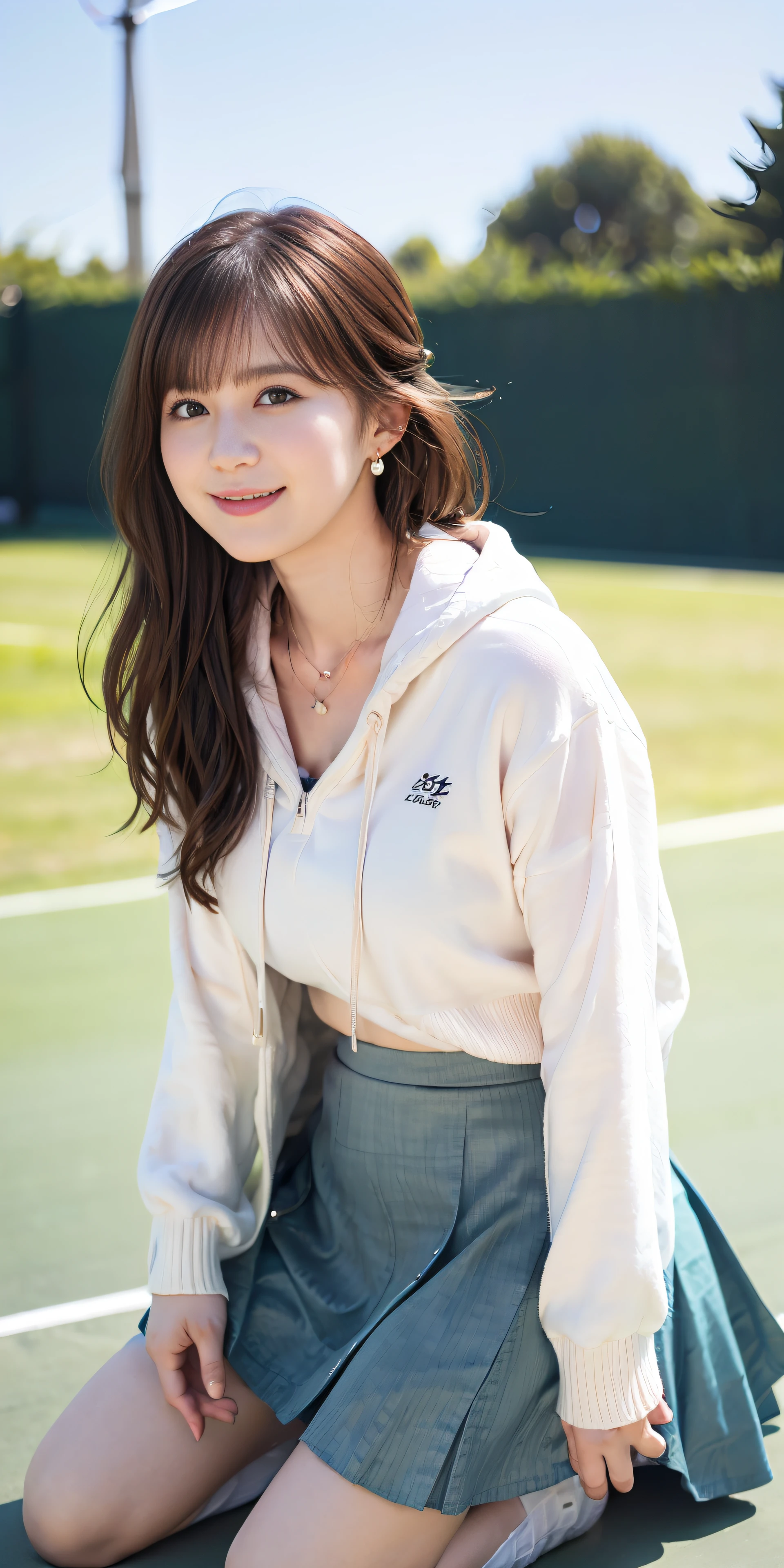 top-quality、Top image quality、​masterpiece、25 year old female tennis coach, black middle wavy hair、Puffy nipple、Tennis Wear、pleatedskirt、Pink panty、light pink long sleeve hoodie、Medium milk, soft boob、((((Get down on both knees、stick out buttocks、leaning-forward、I can see all my panties、Skirt rolled up in the wind))))、Shy laughter、sexy hips、stick out buttocks、tennis coat、Shake your head、Big necklace、Cute earrings