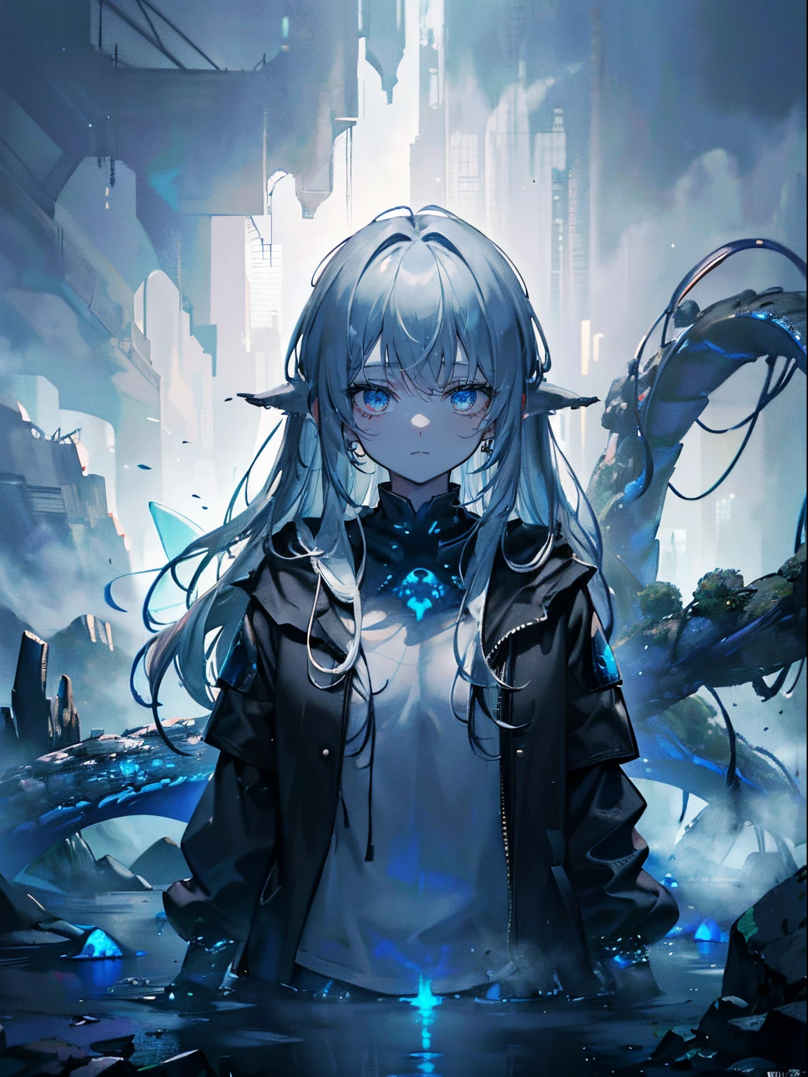(masterpiece,best quality,ultra-detailed),1girl, greyish blue hair,dark blue hair, glowing eyes,dark background,in a lagoon,cloudy,fog,((monster girl)),(gray and black theme),((dark fantasy theme))
