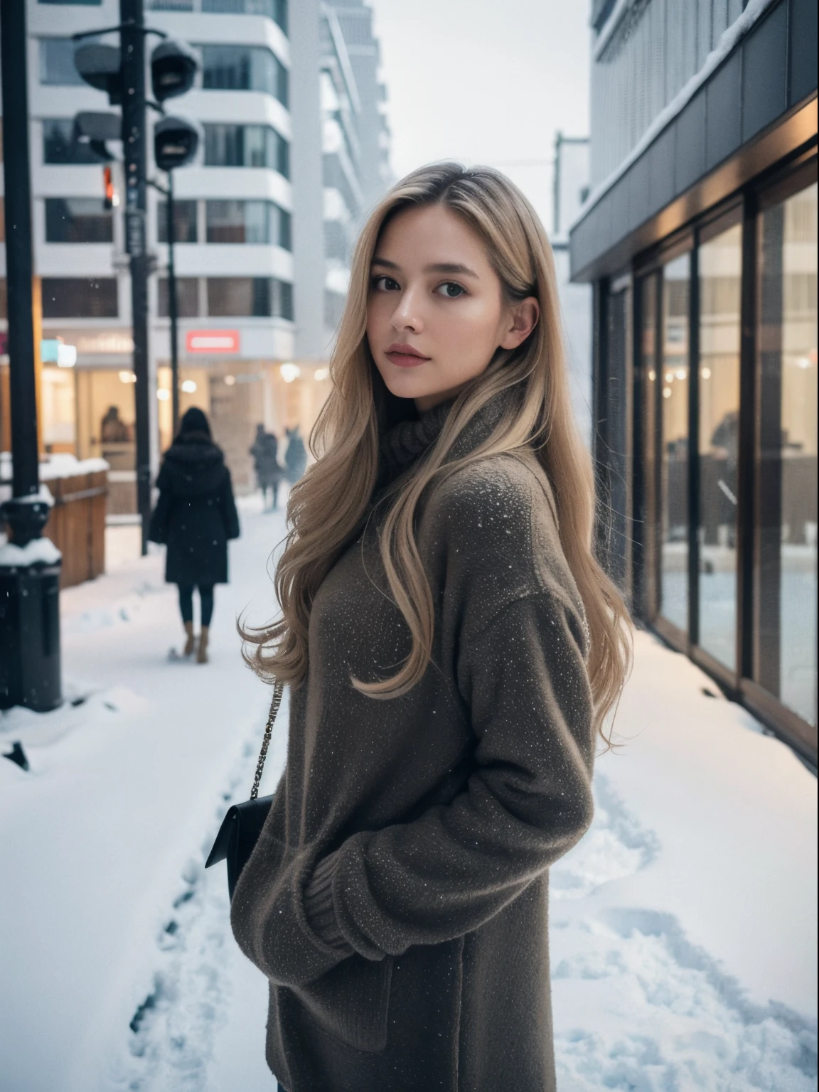 professional portrait photograph of a gorgeous Norwegian girl in winter clothing with long wavy blonde hair, sultry flirty look, gorgeous symmetrical face, cute natural makeup, wearing elegant warm winter fashion clothing, ((standing outside in snowy city street)), stunning modern urban environment, ultra realistic, concept art, elegant, highly detailed, intricate, sharp focus, depth of field, f/1. 8, 85mm, medium shot, mid shot, (((professionally color graded))), bright soft diffused light, (volumetric fog), trending on instagram, hdr 4k, 8k
