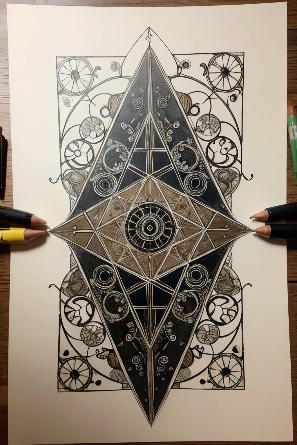 using symbols, runas, geometric shapes and characters from all cultures create a fourth level magic circle drawn on paper