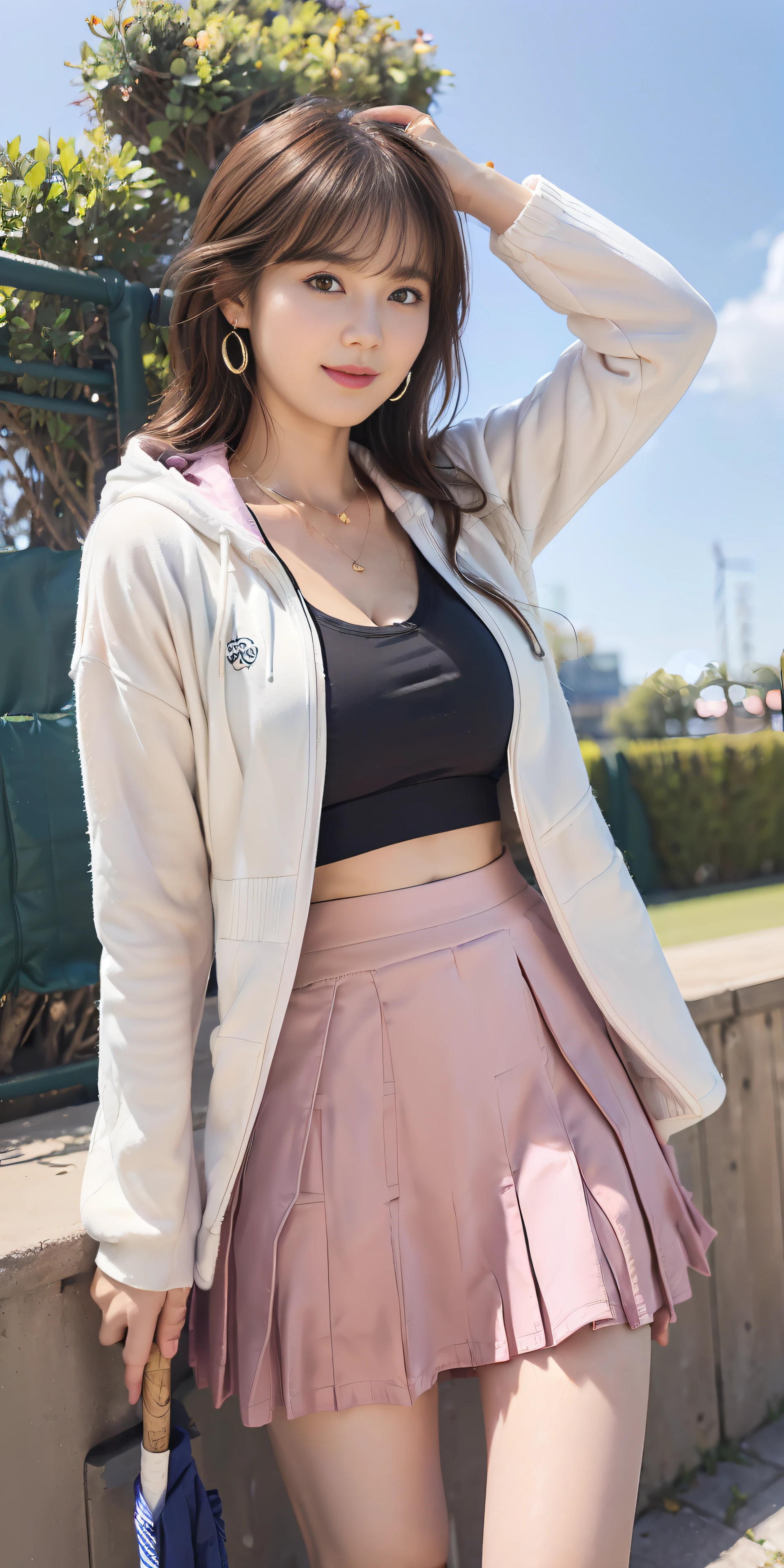 top-quality、Top image quality、​masterpiece、25 year old female tennis coach, black middle wavy hair、Puffy nipple、Tennis Wear、pleatedskirt、Pink panty、light pink long sleeve hoodie、Medium milk, ((soft boob、cleavage of the breast))、((((Get down on both knees、stick out buttocks、leaning-forward、I can see all my panties、Skirt rolled up in the wind))))、Shy laughter、sexy hips、stick out buttocks、tennis coat、Shake your head、Big necklace、Cute earrings