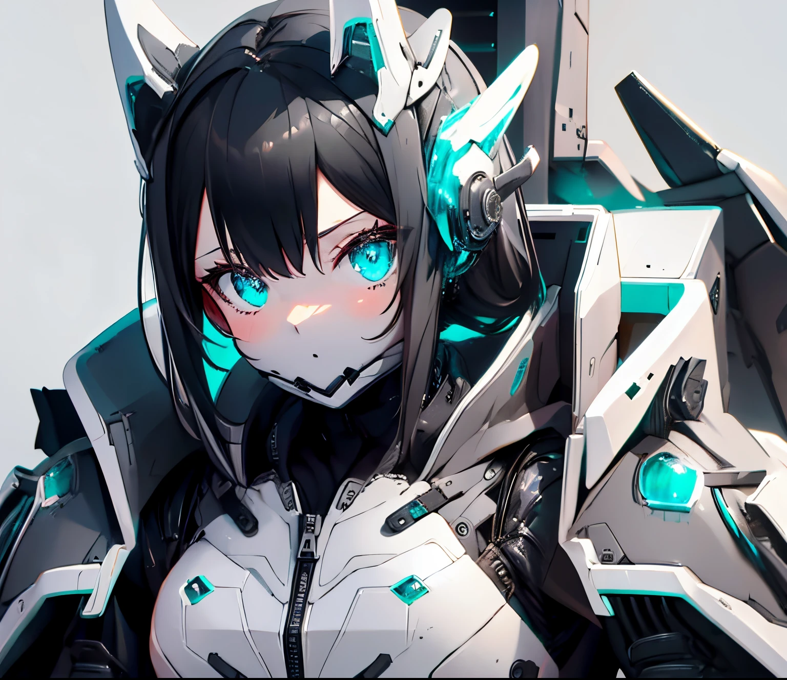 【Highest Quality, masutepiece】 [girl, Manteau, expressioness, Turquoise eyes, front facing, jet-black hair, Jacket comes off, Upper body] (Gray white background:1.7), Surprised, Sheer,