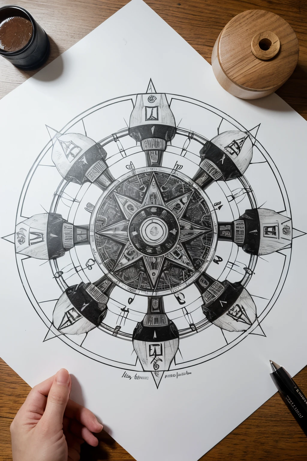 using symbols, runas, geometric shapes and characters from all cultures create a fourth level magic circle drawn on paper
