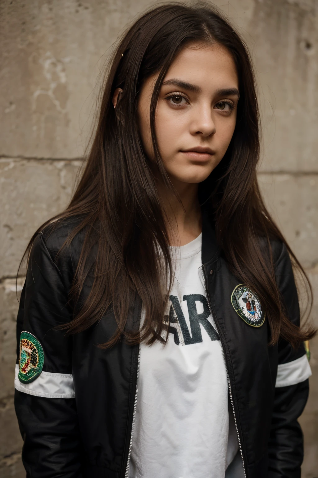 1girl, solamente, cara, retrato, Cabello largo, Cola de caballo, cabello rubio, ojos verdes, senos grandes, (chaqueta de cuero negro:1.2) , escote, escuela, ruboroso, Mirando al espectador,
