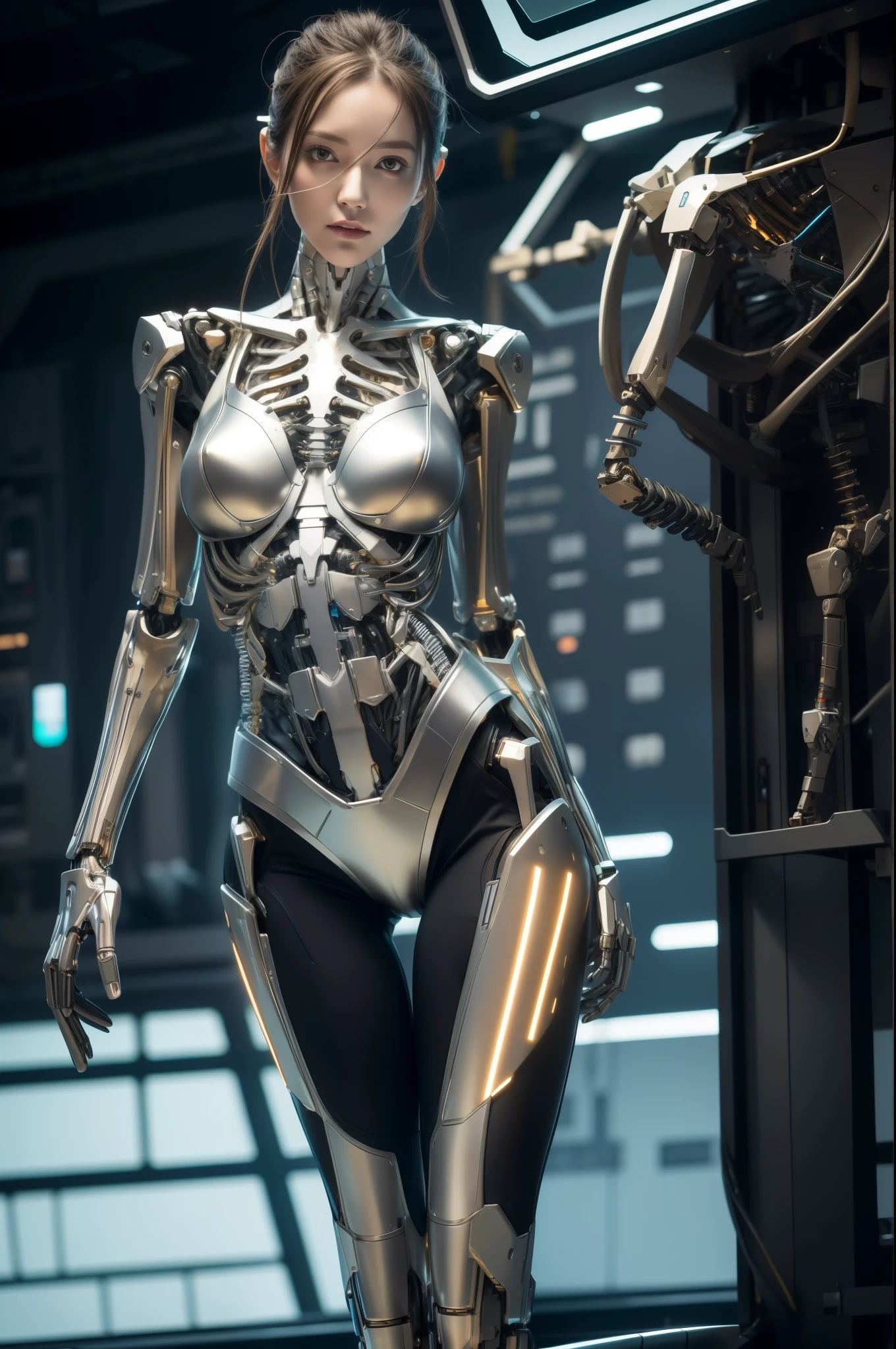 cyborg, android, robot, wiring, switch, control panel, girl, cute, sexy, strong, slender, bikini, high leg, skeleton, silver, platinum, gold, bronze, red, blue, green, colorless transparent, skeleton, open legs, electronics, luminous