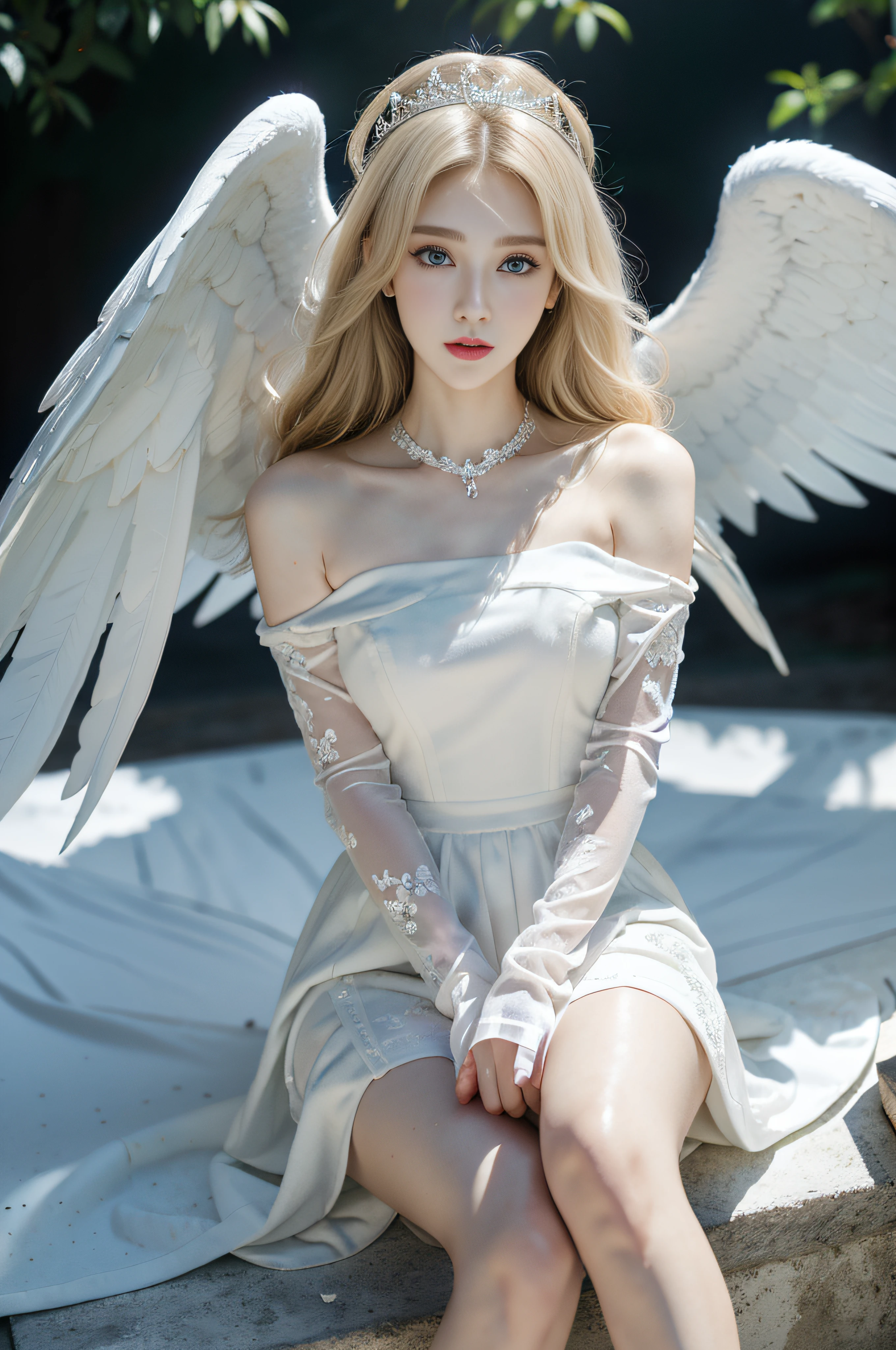 1girl in,Angel,cloud,shiny white skin、angel costume、white large feathers on the back,,