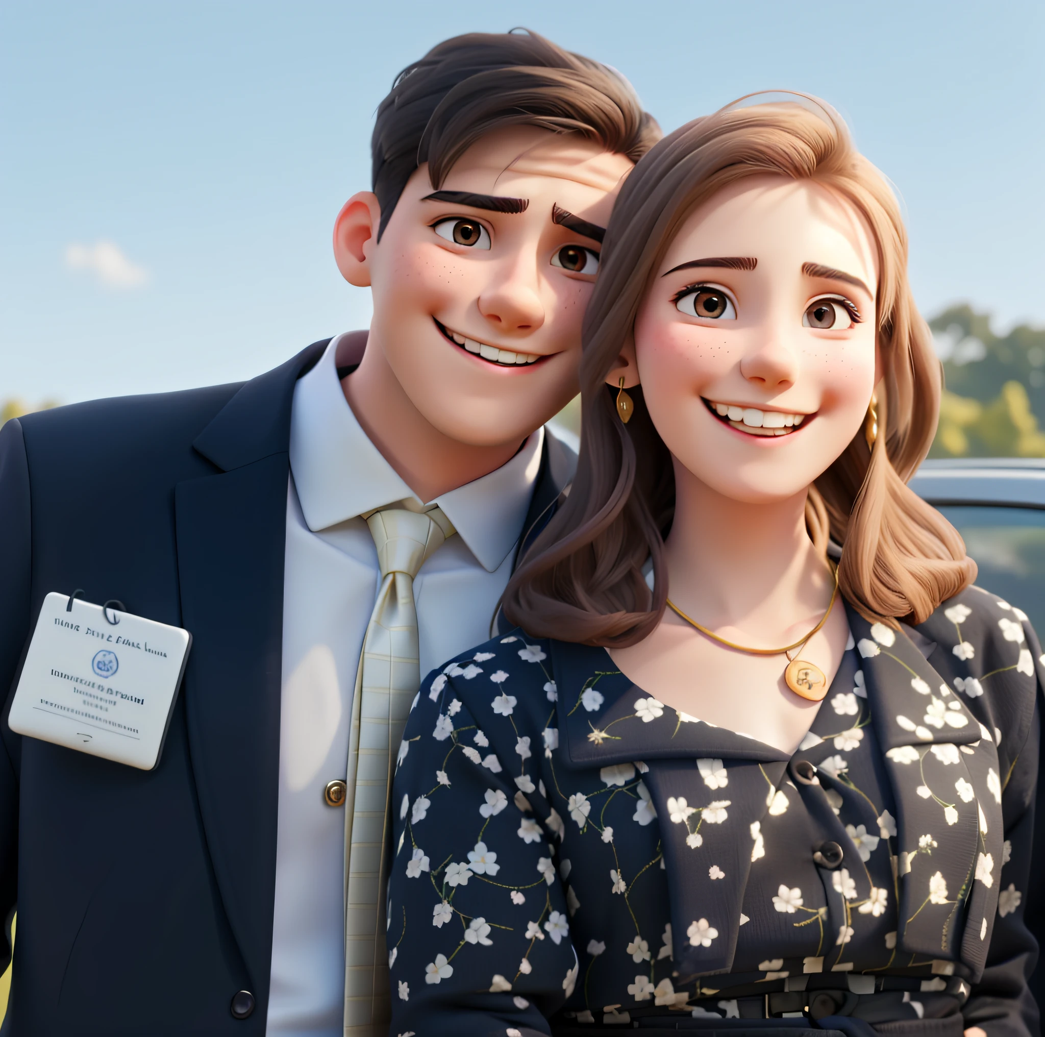 young couple in formal clothes, both smiling and happy. The man has a badge
