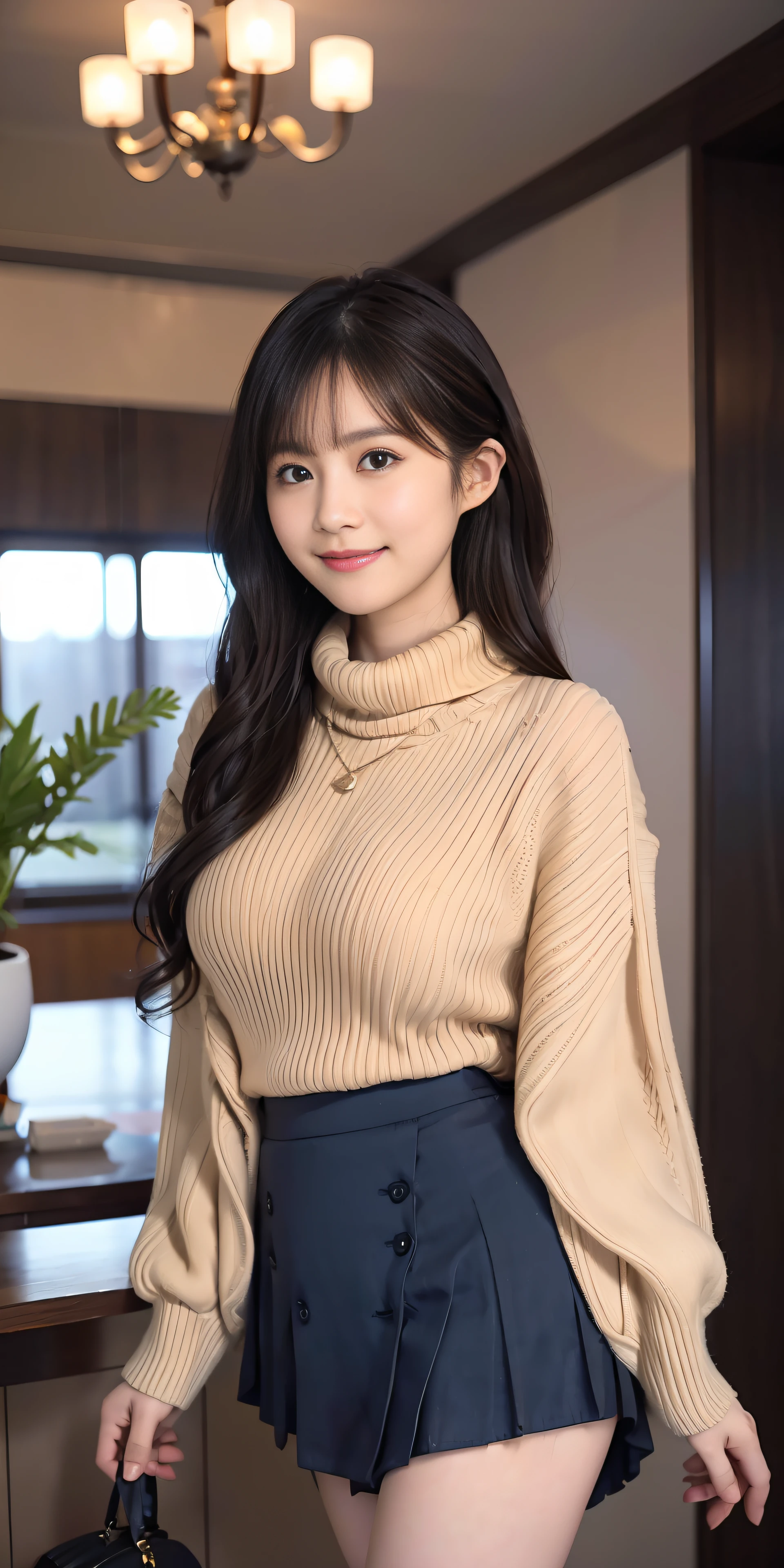 product quality, 1 girl per 1 photo, cowboy shot, side view, a Japanese young pretty girl, long bob hair, sitting on a luxury hotel lobby sofa in England with a big smile, carrying a suitcase, wearing a long leather jacket over a white turtleneck sweater, denim pants, hyper cute face, glossy lips, double eyelids for both eyes, natural makeup, shiny smooth light brown hair of long bob hair, asymmetrical bangs, tanned skin, central image, 8K resolution, high detail, detailed hairstyle, detailed face, cinematic lighting, octane rendering, hyper realistic, perfect limbs, perfect anatomy