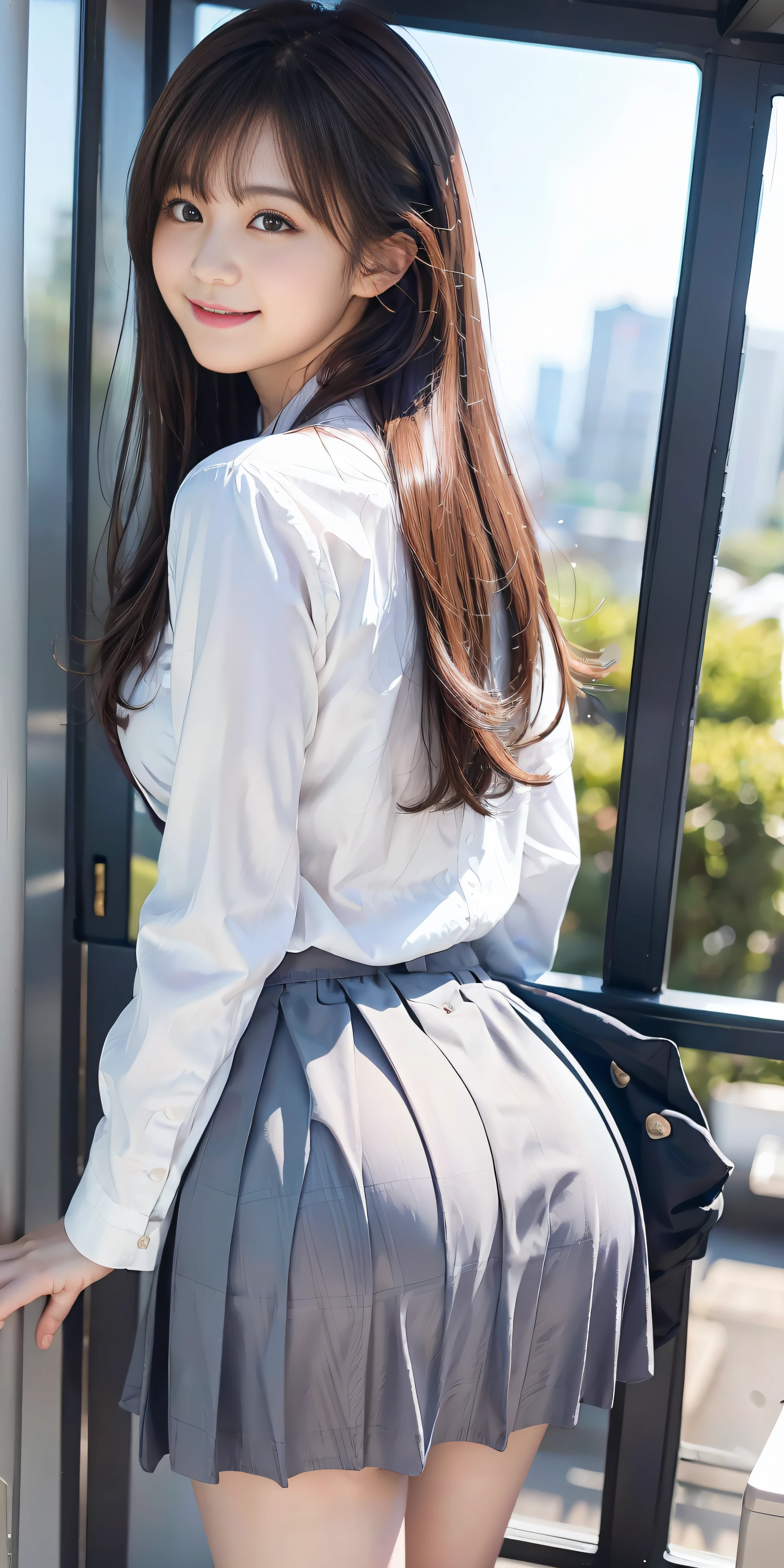 top-quality、Top image quality、masterpiece、Photos showing the whole body、18yo woman, hi-school girl、blazers、checked skirt、Dark hair、Middle Wave Hair、bangss、Puffy nipple、Medium milk, cute smile face、((stick out buttocks、Looks Back、buttocks visible))、(open one's legs)、Emphasis on the chest、sexy hips、school classrooms、early evening、Photo from below、Skirt flipping in the wind、I can see all my panties、Photos showing the whole body