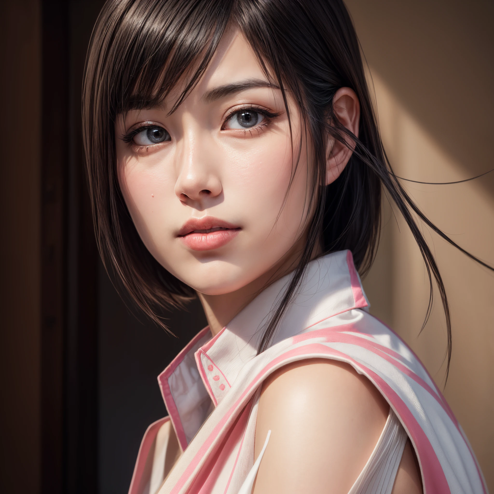 a beautiful Japanese woman, with short black hair with bangs, full lips, silky skin, beautiful eyes, wearing a pink t-shirt, looking with an unassuming look, a beautiful realistic art, hyperrealistic portrait, a photorealistic digital art, beautiful realistic detail art intricate.