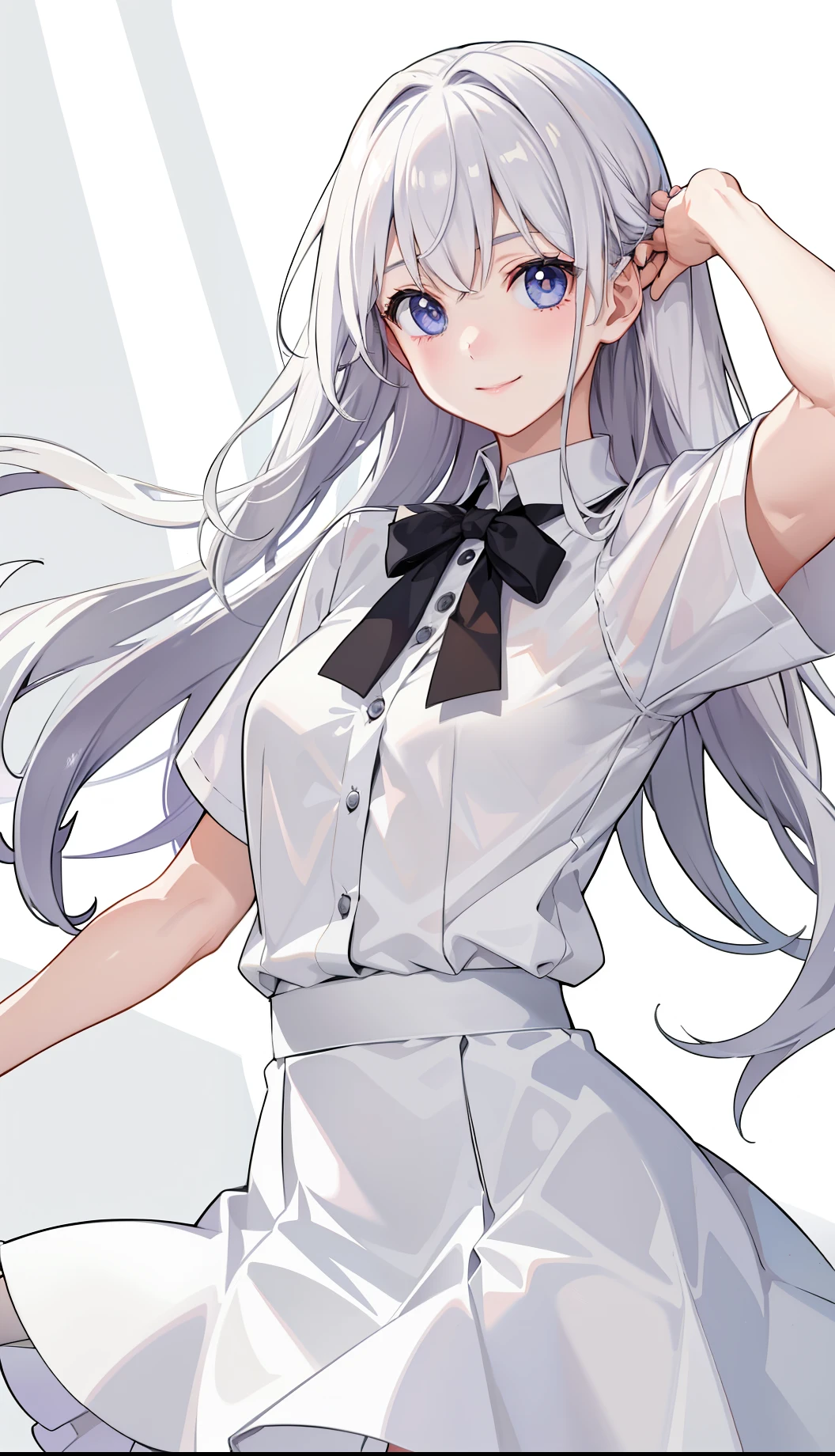 1girl in、AS-Adult、A smile、Light in the eyes、Chromo-white skin、The shirt、Blouse、（paler）skirt by the、（small tits）Chilarism、movement、Upper body portrait、