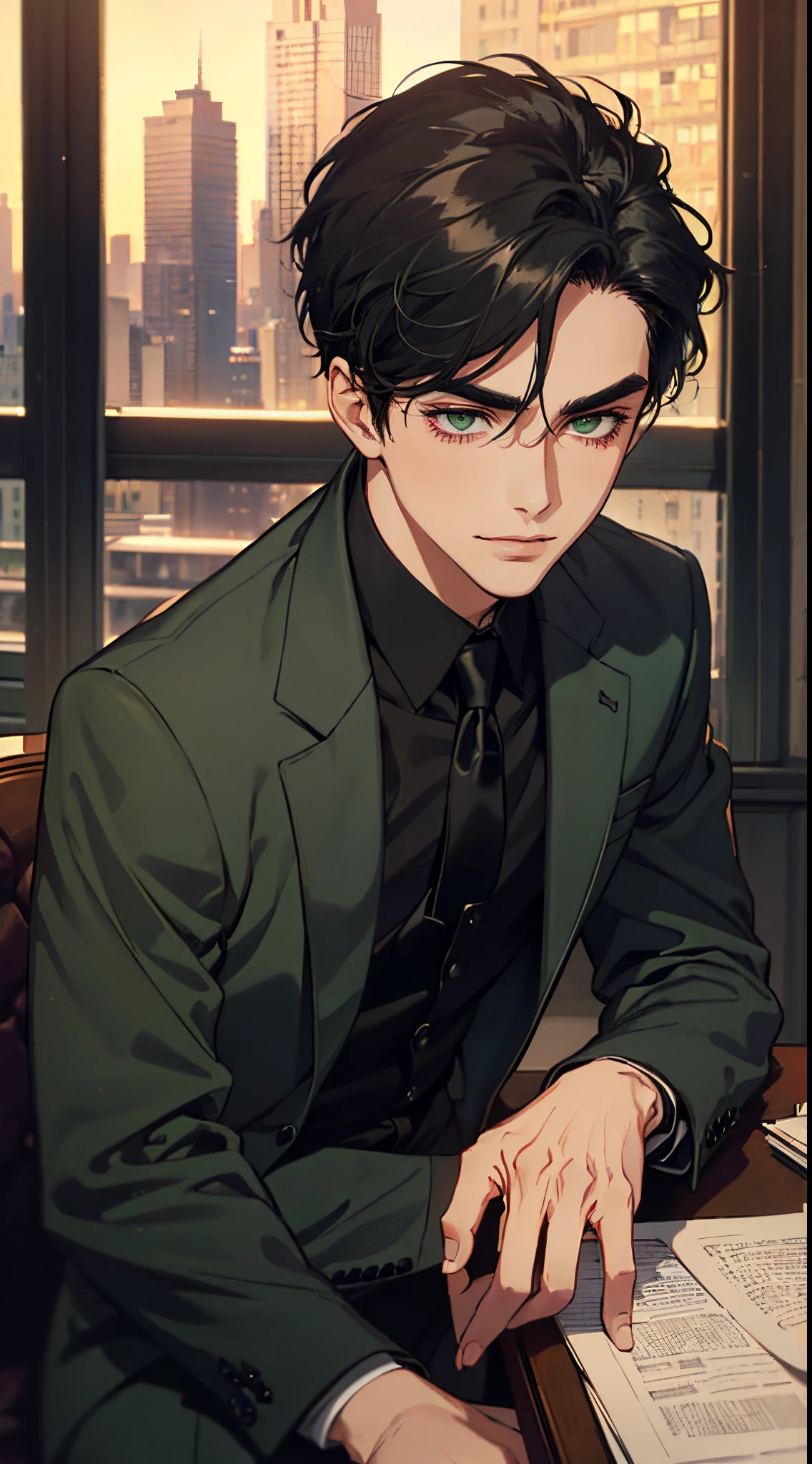 ((One man with a black suit and tie)), taken in the early 1960s, gotham, alejandro, he looks very sophisticated, (((left-side swept black hair))), (dark green eyes and thick eyebrows), smirk, ((18 years old)), ((masterpiece)), posture dynamic,