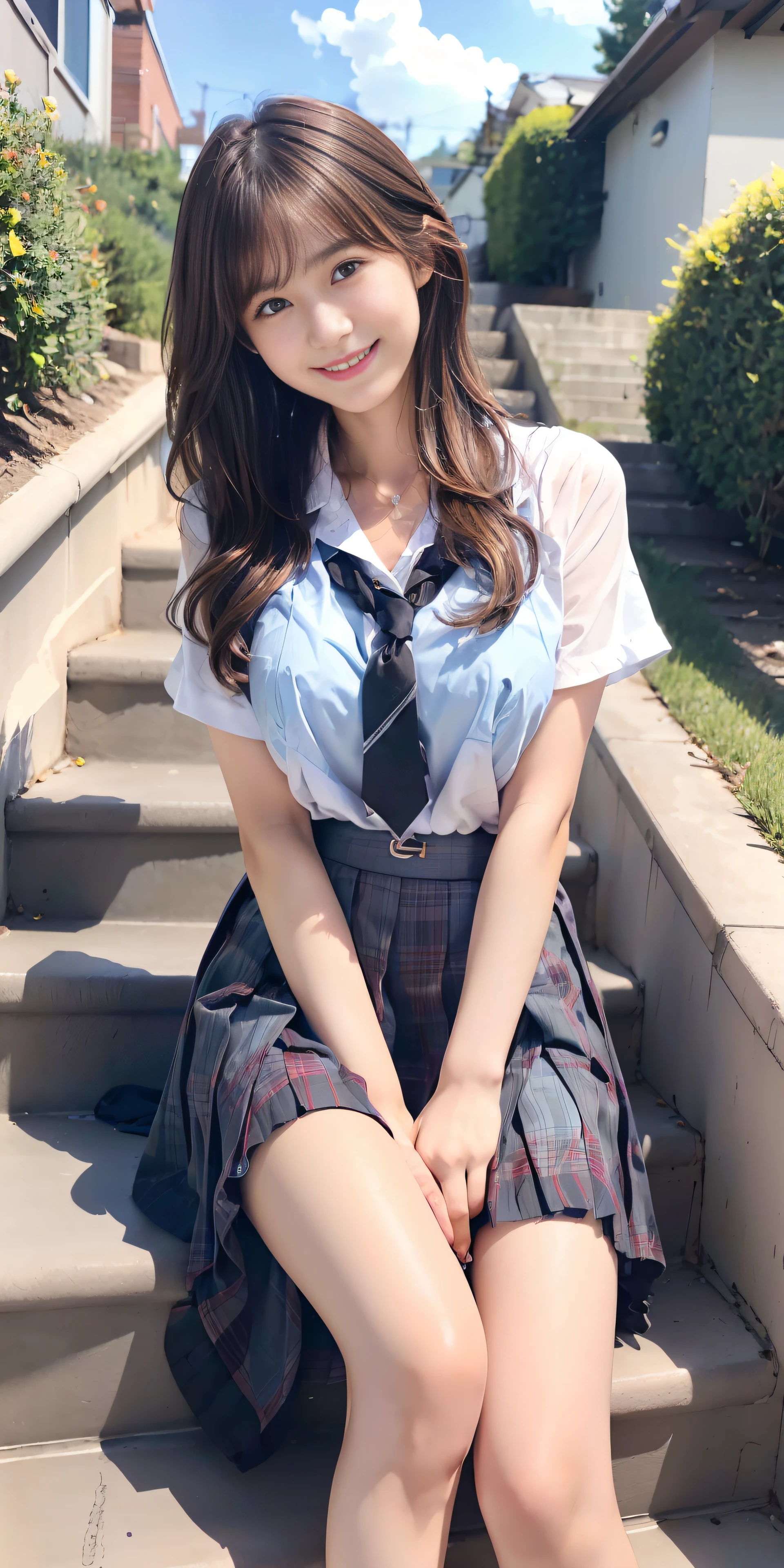 top-quality、Top image quality、masterpiece、Photos showing the whole body、18yo woman, hi-school girl、blazers、checked skirt、dark brown hair、waved hair、Middle Long Hair、bangss、Puffy nipple、Medium milk, cute smile face、(((sit on stairs、open one's legs、Open knees)))、(Emphasis on the chest)、sexy hips、stairs at school、early evening、Photo from below、(((Skirt flipping in the wind、I can see all my panties)))、Pink panty、Photos showing the whole body