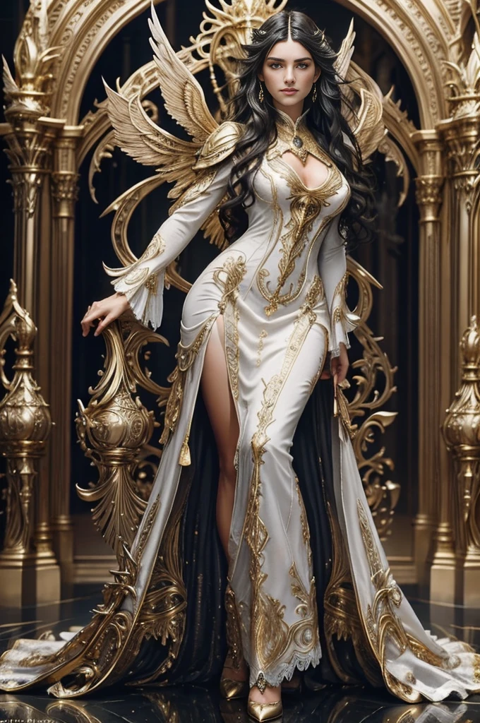a woman ((18 years old)) with long black hair, blue eyes, smiling, statuesque and sexy body, ((full body)), , Victorian era style, wearing a light flowing dress, in the background crystal and gold castle with giant colorful birds, Daeni Pin Style, [Daniel F. Gerhartz Style::0.5], UHD image, Rent, 8k, photo-realistic, Epic lighting, Sharp, Realistic, Romantic,  focus