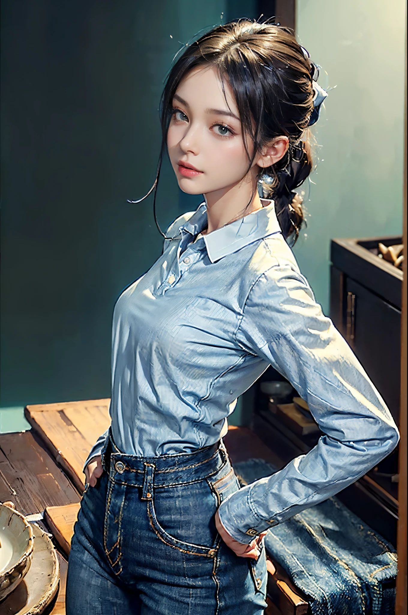 (perfect bodies: 1.1), (shoulder length straight black bob hair:1),((very short ponytail)),(极其细致的CG 8k壁纸），（Extremely refined and beautiful），（masterpiece），（best qualtiy：1.0），（超高分辨率：1.0），(upper body:1.3)，[A high resolution],((a little ???)),(3 years old:1.5),solo,small head,small face,Exquisite makeup,cheerfulness,Smile,(Smooth and flawless fair skin:1.5),ultra - detailed,Elongated legs,(Small breasts:1.1),(clavicle,Cleavage),Flat chest,Slim,thin,(white polo collared long sleeve shirt:1.4),(denim pants:1.2),(round hips:1.3),(sharply hips:1.5),In kitchen,blue green background,standing,(from above:1.3),(from side:1.2),(Close shot:1.3),nightfall，warm light,Several dishes on table,standing,(cowboy shot:1.3),(Portrait photo:1.3)