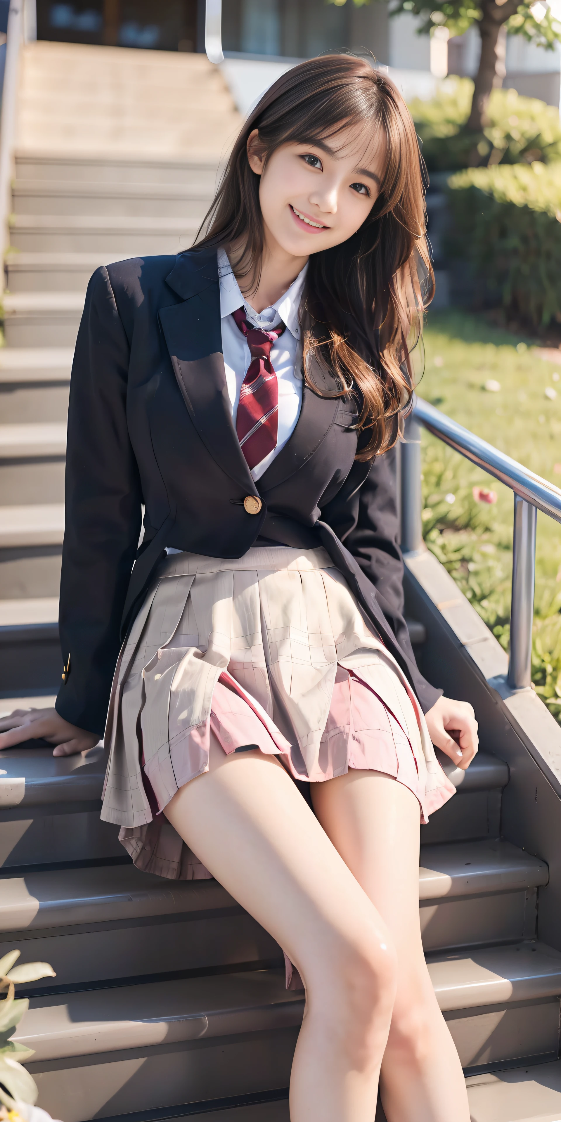 top-quality、Top image quality、​masterpiece、Photos showing the whole body、18yo woman, hi-school girl、blazers、checked skirt、dark brown hair、waved hair、Middle Long Hair、bangss、Puffy nipple、Medium milk, cute smile face、(((sit on stairs、open one's legs、Open knees)))、(Emphasis on the chest)、sexy hips、stairs at school、early evening、Photo from below、(((Skirt flipping in the wind、I can see all my panties)))、Pink panty、Photos showing the whole body