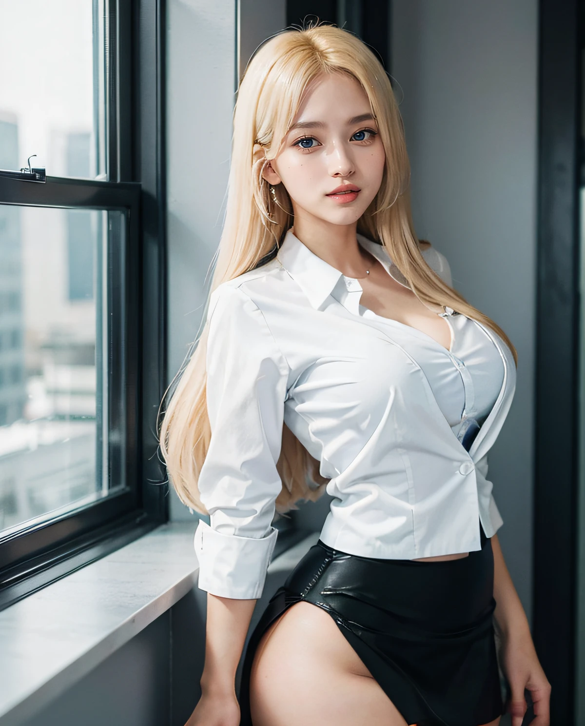 1girl, (Blue eyes), (Smile), (Sana Minatozaki), wide hips, Big Boobs, big ass, round butt, (Best Quality, 8k, Masterpiece: 1.3), perfect hands, Clear Focus: 1.2, Perfect Body Beauty: 1.4 , Slender Abs: 1.2, Highly detailed face and skin texture, detailed eyes, double eyelids, (blonde long hair), (white secretary shirt black formal mini skirt and black blazer :1.3), (sexy secretary :1.3), standing, dynamic pose, in an office, windows in the background