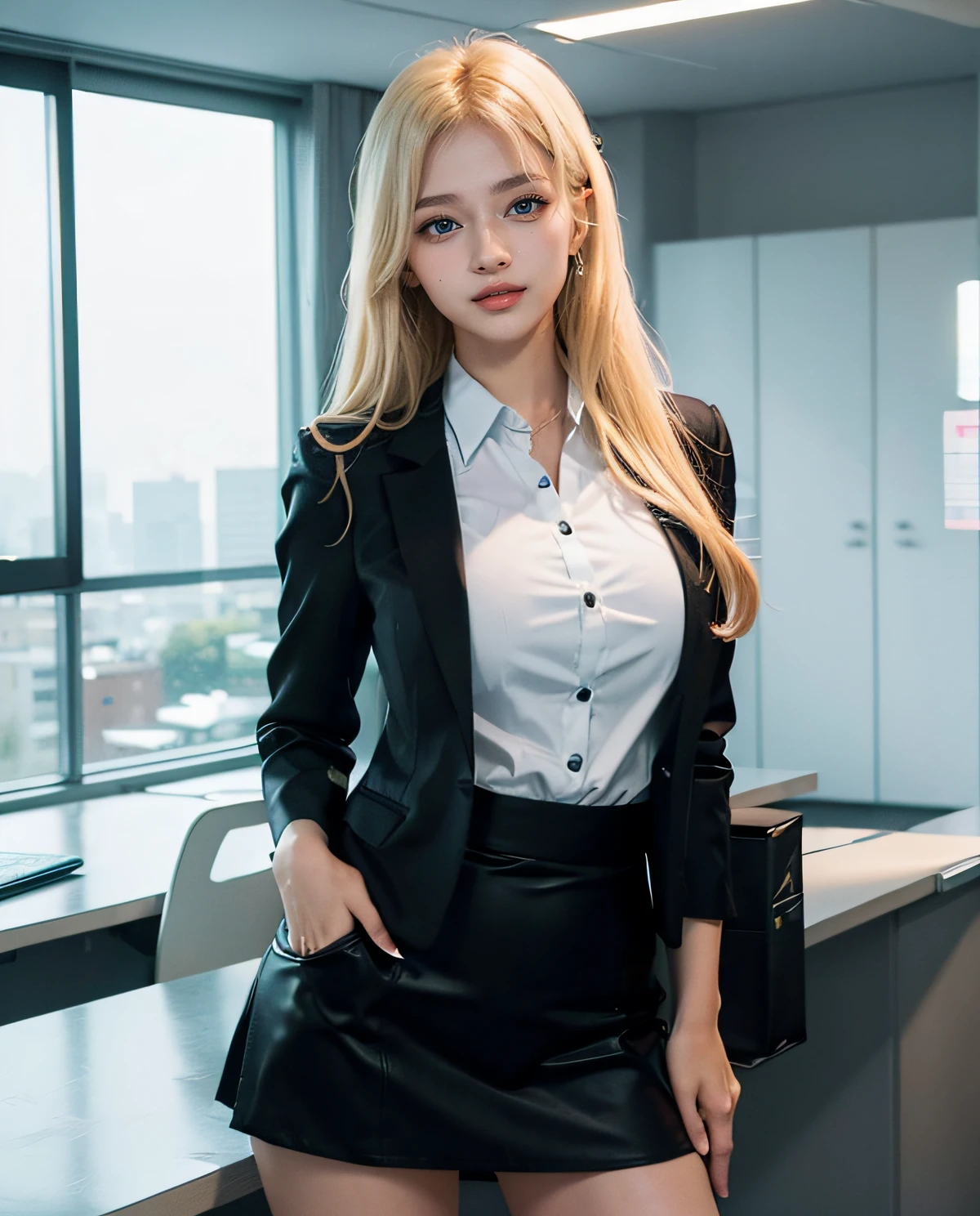 1girl, (Blue eyes), (Smile), (Sana Minatozaki), wide hips, Big Boobs, big ass, round butt, (Best Quality, 8k, Masterpiece: 1.3), perfect hands, Clear Focus: 1.2, Perfect Body Beauty: 1.4 , Slender Abs: 1.2, Highly detailed face and skin texture, detailed eyes, double eyelids, (blonde long hair), (white secretary shirt black formal mini skirt and black blazer :1.3), (sexy secretary :1.3), standing, dynamic pose, in an office, windows in the background