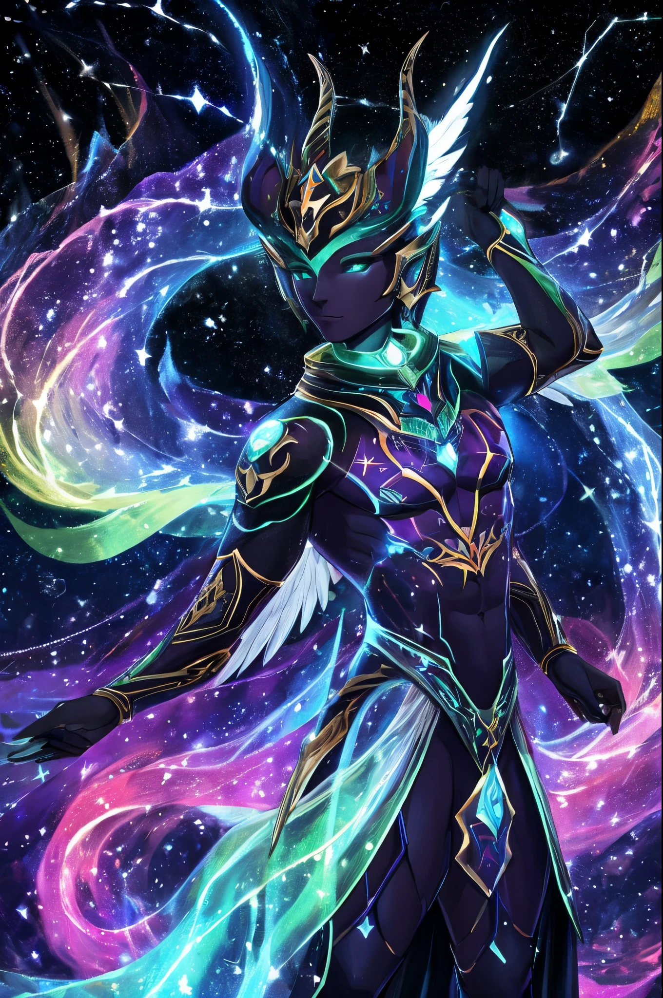 Hakikasu, now an entity of cosmic light, irradia intensidade celestial. Your eyes are burning stars, and your skin seems woven from spiraling galaxy threads. The cosmic wings extend, each feather shining like a constellation of its own. Seu corpo pulsante parece uma aurora boreal em constante movimento.
