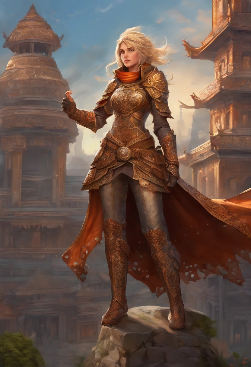 arafed, high details, best quality, 16k, [ultra detailed], masterpiece, best quality, (extremely detailed), dynamic angle, ultra wide shot, RAW, photorealistic, fantasy art, dnd art, rpg art, realistic art, a picture of an epic fantasy thief , kneeling on roof top (intricate details, Masterpiece, best quality: 1.5) on top of a roof in urban fantasy city, ready for action, plenty of buildings, a temple (intricate details, Masterpiece, best quality: 1.5), female elf, epic fantasy thief, [[anatomically correct]], blond hair, braided hair, fair skin, intense bright eyes, armed with dagger, dynamic position (intricate details, Masterpiece, best quality: 1.5), small pointed ears, dark armor, full leather armor (intricate details, Masterpiece, best quality: 1.5), tense atmosphere, night, stars light, moon light, moon rays, stars, best details, best quality, highres, ultra wide angle, magv1ll
