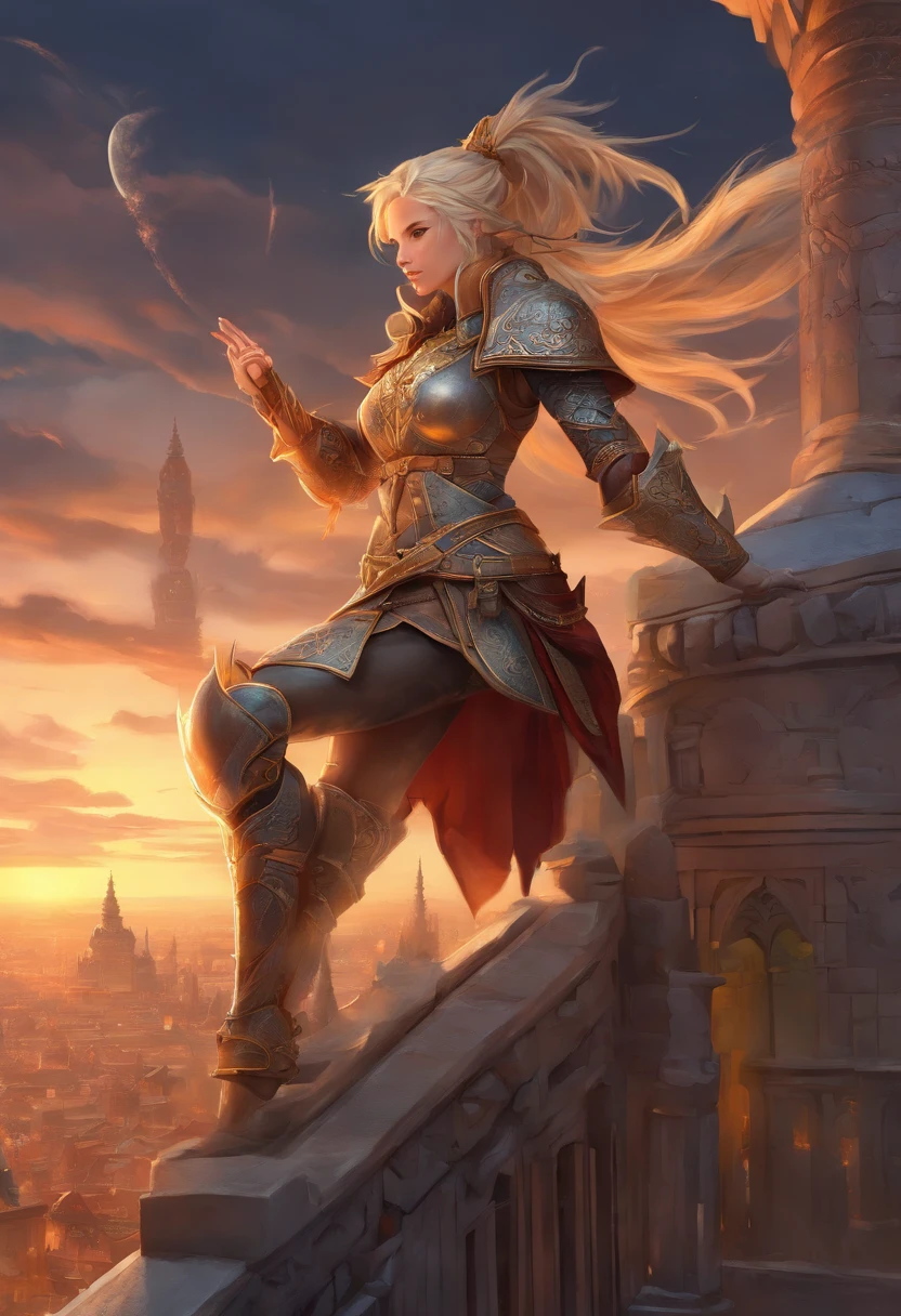 arafed, high details, best quality, 16k, [ultra detailed], masterpiece, best quality, (extremely detailed), dynamic angle, ultra wide shot, RAW, photorealistic, fantasy art, dnd art, rpg art, realistic art, a picture of an epic fantasy thief , kneeling on roof top (intricate details, Masterpiece, best quality: 1.5) on top of a roof in urban fantasy city, ready for action, plenty of buildings, a temple (intricate details, Masterpiece, best quality: 1.5), female elf, epic fantasy thief, [[anatomically correct]], blond hair, braided hair, fair skin, intense bright eyes, armed with dagger, dynamic position (intricate details, Masterpiece, best quality: 1.5), small pointed ears, dark armor, full leather armor (intricate details, Masterpiece, best quality: 1.5), tense atmosphere, night, stars light, moon light, moon rays, stars, best details, best quality, highres, ultra wide angle, magv1ll