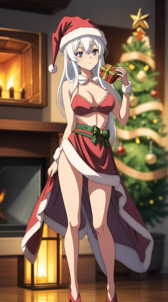 masterpiece, best quality, 1 solo girl, white hair, yellow eyes, long hair, wavy hair, Christmas ornaments, medium breasts, mature body and face, red christmas dress, christmas, christmas light, christmas tree, red gloves, red santa skirt, holding gift, red bra, red panty, leg up, cowboy shots, sexy pose, dakimakura, detailed body, face, and eyes, sharp focus, vibrant, creative, dynamic, high definition, high resolution, 8k, (Upscale: R-ESRGAN 4x+ Anime6B), (Image enchance:4x), voluptuous body