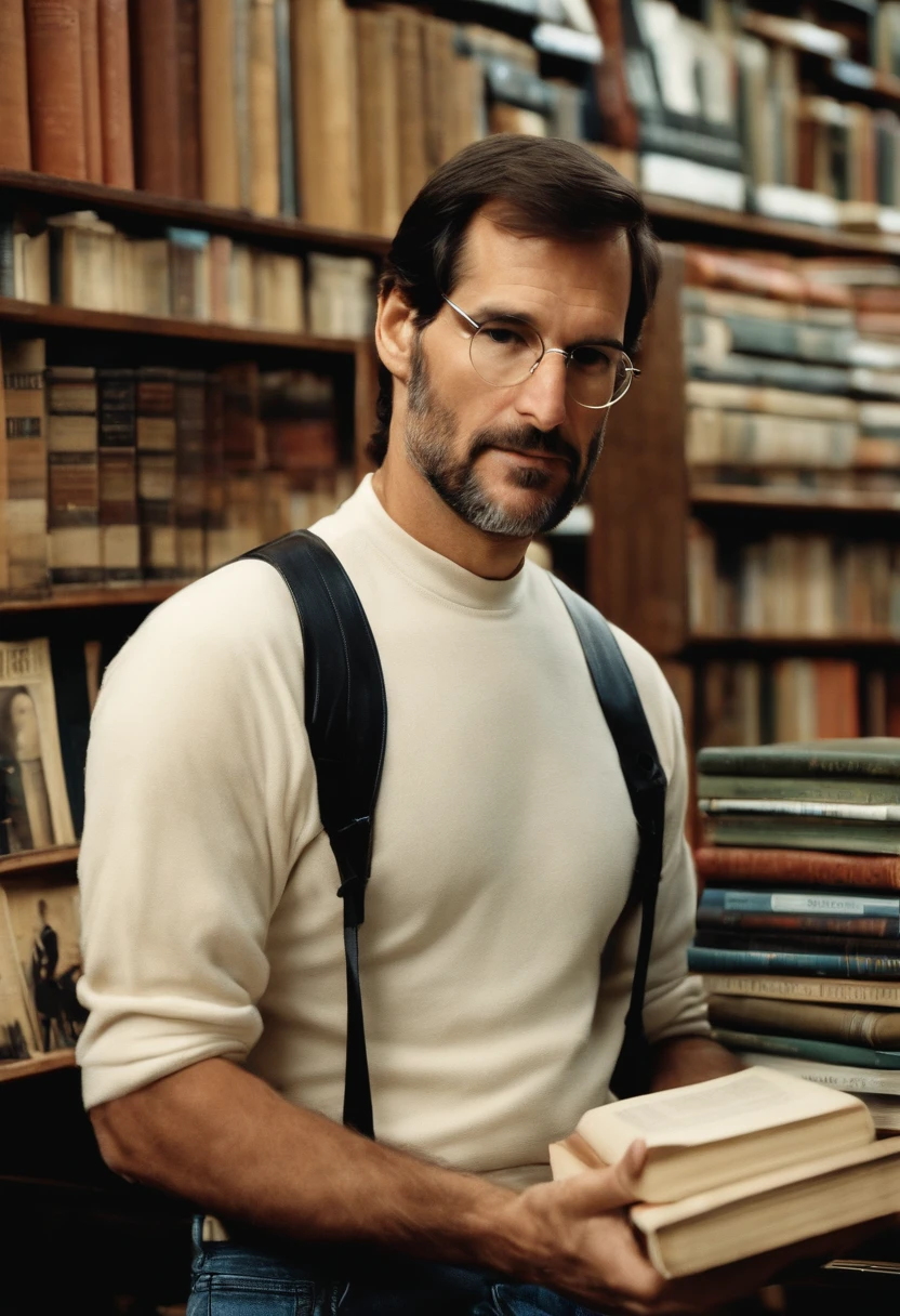A photo of Jobs browsing through a vintage book collection in a cozy bookstore,original,Steve Jobs, the co-founder of Apple Inc., was known for his signature style: a black turtleneck, blue jeans, and New Balance sneakers, creating a minimalist and iconic image. He had a slender build and an intense, penetrating gaze, often accompanied by a contemplative or fiercely determined expression.