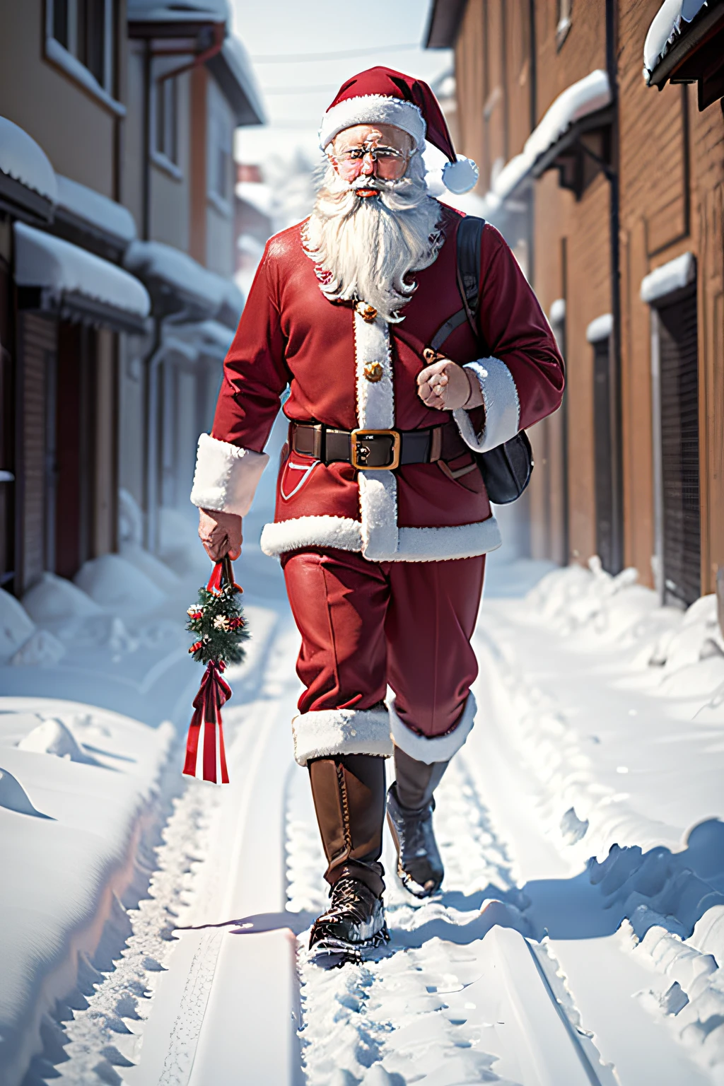 Santa Claus walking through the snow