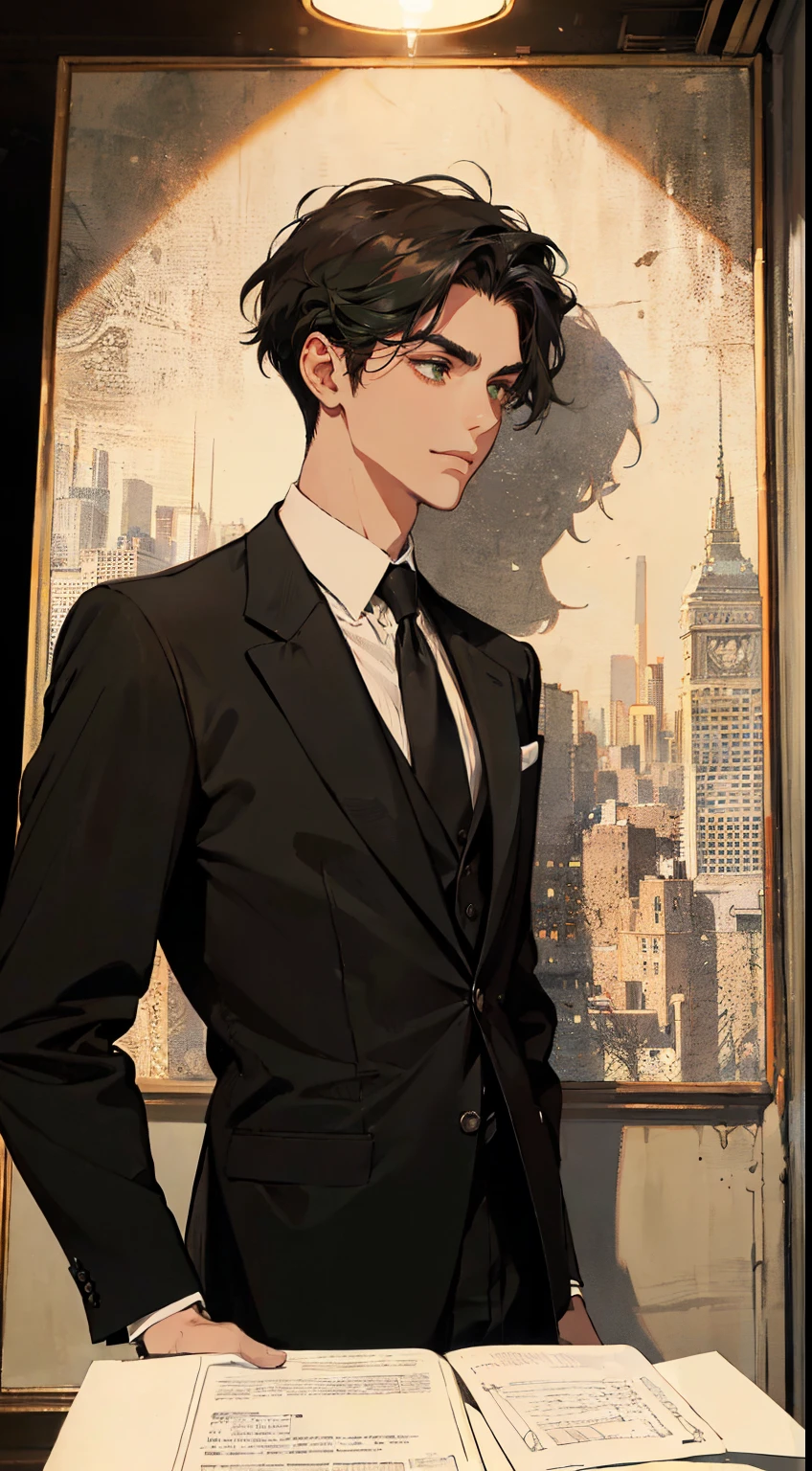 ((One person with a black suit and tie)), taken in the early 1960s, gotham, alejandro, he looks very sophisticated, (((left-side swept black medium length hair))), (dark green eyes and thick eyebrows), smirk, ((20 years old)), ((masterpiece)), posture dynamic, ((brown skin))