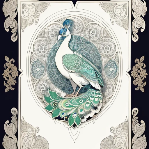 White peacock, garden, Coloring book art page, Full white background, Use outlines only, line-drawing, coloring book, clean line drawings, Mandalas for coloring with natural ornaments, Simple and clean lineart, Coloring book page, Decorated in Art Nouveau style, With the strokes of Alphonse Mucha's brush, perfect detail, Real.