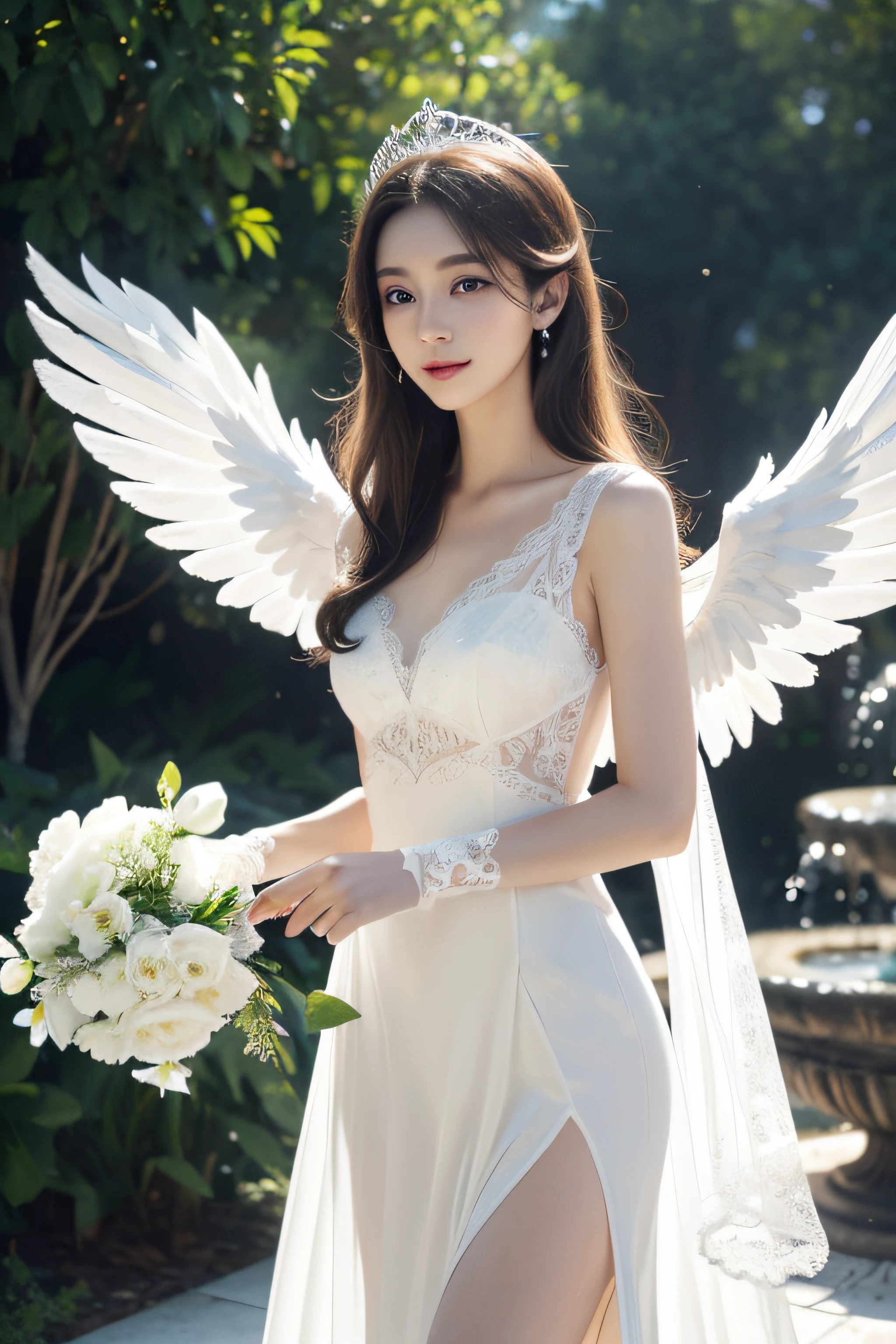 Ancient Greek ruins where only pillars remain、Walk in front of the fountain、Full body posture、8K、realphoto、超A high resolution, Master Parts, Best Quality, nffsw , cinematic images,Lovely girl、ann、18year old、Anglo-Saxon、二重まぶた、drooing eyes、Very big eyes、Dark eye shadow、lips are very thin、The nasal muscle stretches beautifully、the tip of the nose is small,,,,, ighly detailed , a blond、Straight short hair、ssmile、 Sweet look 、a very beautiful woman、legs are long、bare-legged、 Very clear shadows , jewely , A sexy , A detailed eye, very intricate, shiny skins , Perfect Brilliant, Perfect Lighting, Dramatic shadows ,White tiara on head、Greek see-through white dress、White dress is long enough to drag、Chest lace、Small white angel wings behind the shoulders 、High heel glass shoes、Lace white gloves、Holding a bouquet of white flowers with both hands、White see-through veil from the back of the head