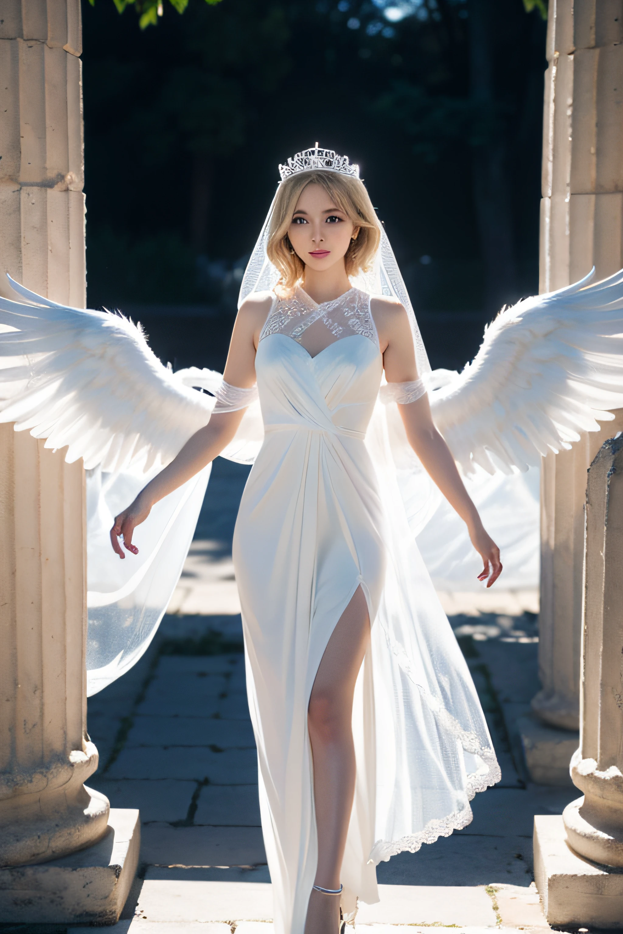 Ancient Greek ruins where only pillars remain、Full-body figure、Walk in front of the fountain、8K、realphoto、超A high resolution, Master Parts, Best Quality, nffsw , cinematic images,Lovely girl、ann、sixteen years old、Anglo-Saxon、二重まぶた、drooing eyes、Very big eyes、eye shadow、 ighly detailed , a blond、Straight short hair、ssmile、 Sweet look 、A little embarrassing、thin lipss ,High nose with beautiful lines、the tip of the nose is small、a very beautiful woman、legs are long、bare-legged、 Very clear shadows , jewely , shiny skins , Perfect Brilliant, Perfect Lighting, Dramatic shadows ,White tiara on head、Greek see-through white dress、White lace knitting on the chest、Large white angel wings from the back of the neck、White transparent veil from the back of the head、White lace gloves、White bouquet held in both hands、high heel transparent glass shoes
