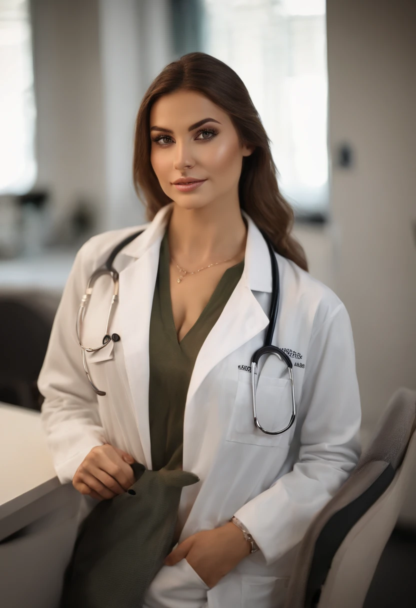 arafed female doctor in a white lab-coat and blouse and a necklace, standing in a clinic, sexy girl with green eyes, portrait sophie mudd, brown hair and large eyes, selfie of a young woman, bedroom eyes, violet myers, without makeup, natural makeup, looking directly at the camera, face with artgram, subtle makeup, stunning full body shot, piercing green eyes, beautiful angle, attractive pose, cute girl, sexy pose, full body picture, full body, full body shoot, brunette goddess, high detail, satisfied pose, wearing grey skirt and boots, skirt, boots, large cleavage
