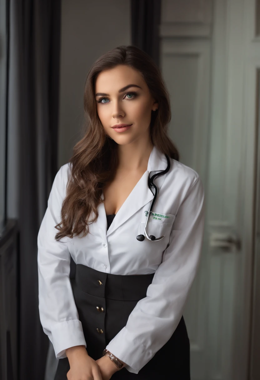 arafed female doctor in a white lab-coat and blouse and a necklace, standing in a clinic, sexy girl with green eyes, portrait sophie mudd, brown hair and large eyes, selfie of a young woman, bedroom eyes, violet myers, without makeup, natural makeup, looking directly at the camera, face with artgram, subtle makeup, stunning full body shot, piercing green eyes, beautiful angle, attractive pose, cute girl, sexy pose, full body picture, full body, full body shoot, brunette goddess, high detail, satisfied pose, wearing grey skirt and boots, skirt, boots, large cleavage