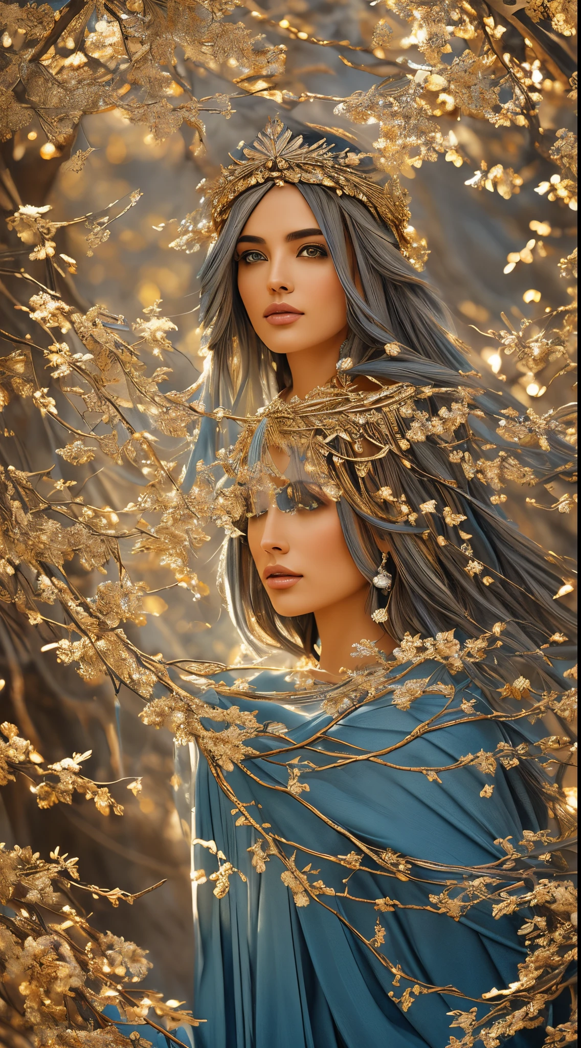 designer of a bluish image cover with details of dry tree branches gold on the sides gold of the entire image and a silver crown, impressionismo.
