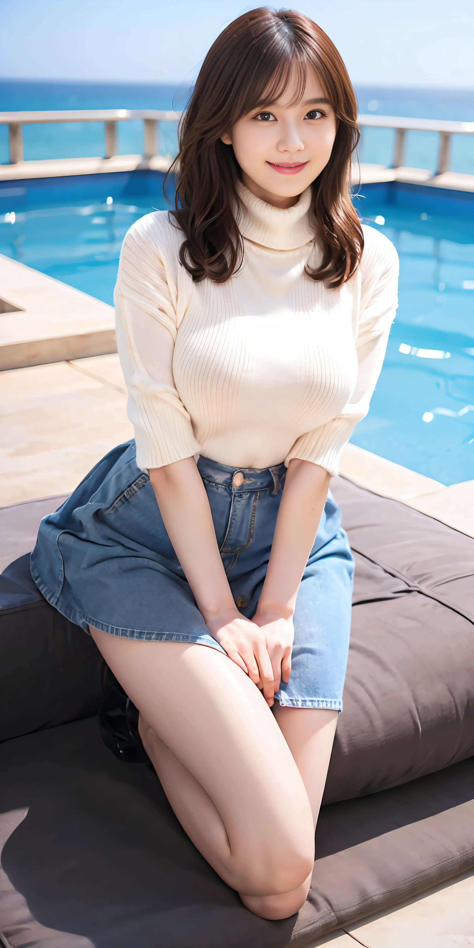 25 years old women, black wavy long hair、bangss、(tight white turtleneck sweater), Puffy nipple、Denim skirt,Medium milk, cute smile face、(Sit on one knee upright、opens legs)、(Emphasis on the chest)、sexy hips、high-heels、pool with sea view、Sit by the pool、sexy pose、Big necklace、耳Nipple Ring、Photos showing the whole body