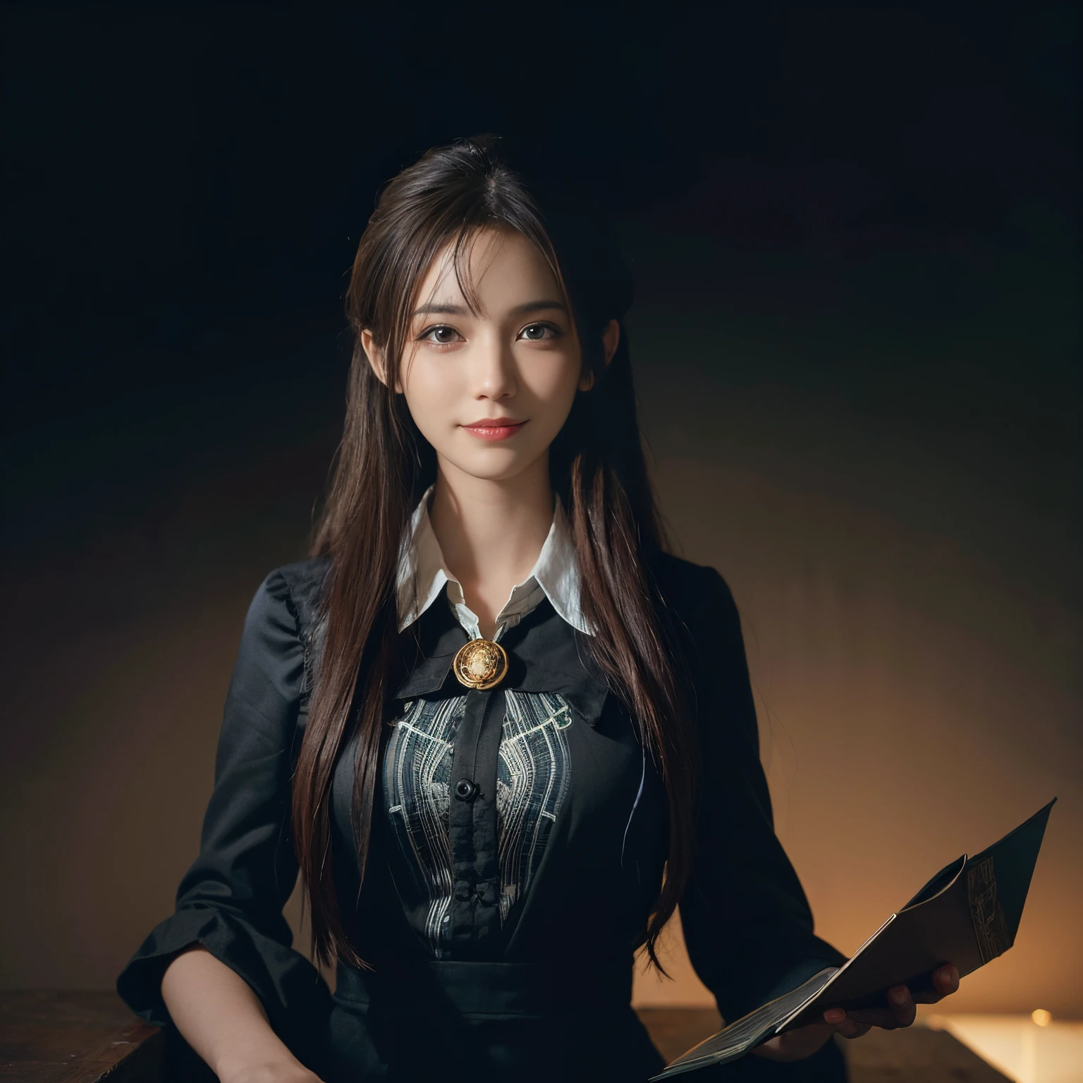 (front focus), (in the dark:1.6), Hyperrealist portrait of female by david hockney and alphonse mucha, fantasy art, photo realistic, dynamic lighting, artstation, poster, volumetric lighting, very detailed faces, 4 k, award winning, 1girl, in the dark, deep shadow, low key, cowboy shot, (official clothing:1.4), long hair, white hair, smile, ultra detailed skin, happy smile