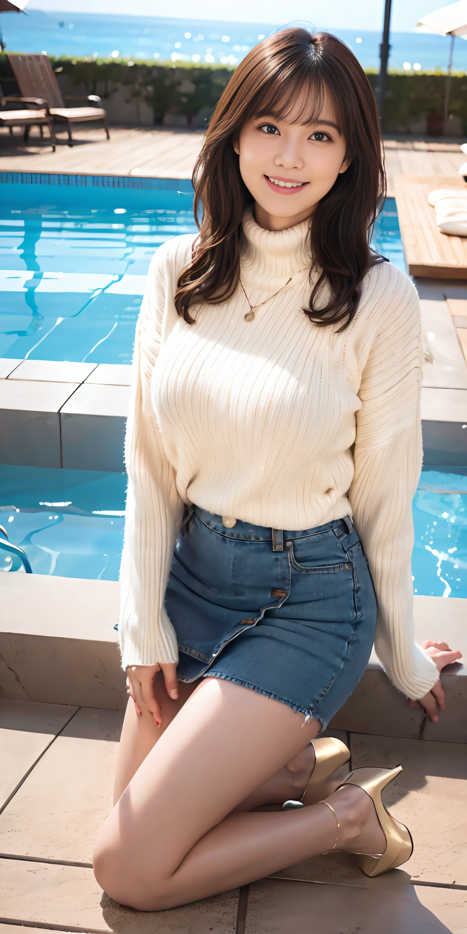 25 years old women, black wavy long hair、bangss、(tight white turtleneck sweater), Puffy nipple、Denim skirt,Medium milk, cute smile face、(Sit on one knee upright、opens legs)、(Emphasis on the chest)、sexy hips、high-heels、pool with sea view、Sit by the pool、sexy pose、Big necklace、耳Nipple Ring、Photos showing the whole body