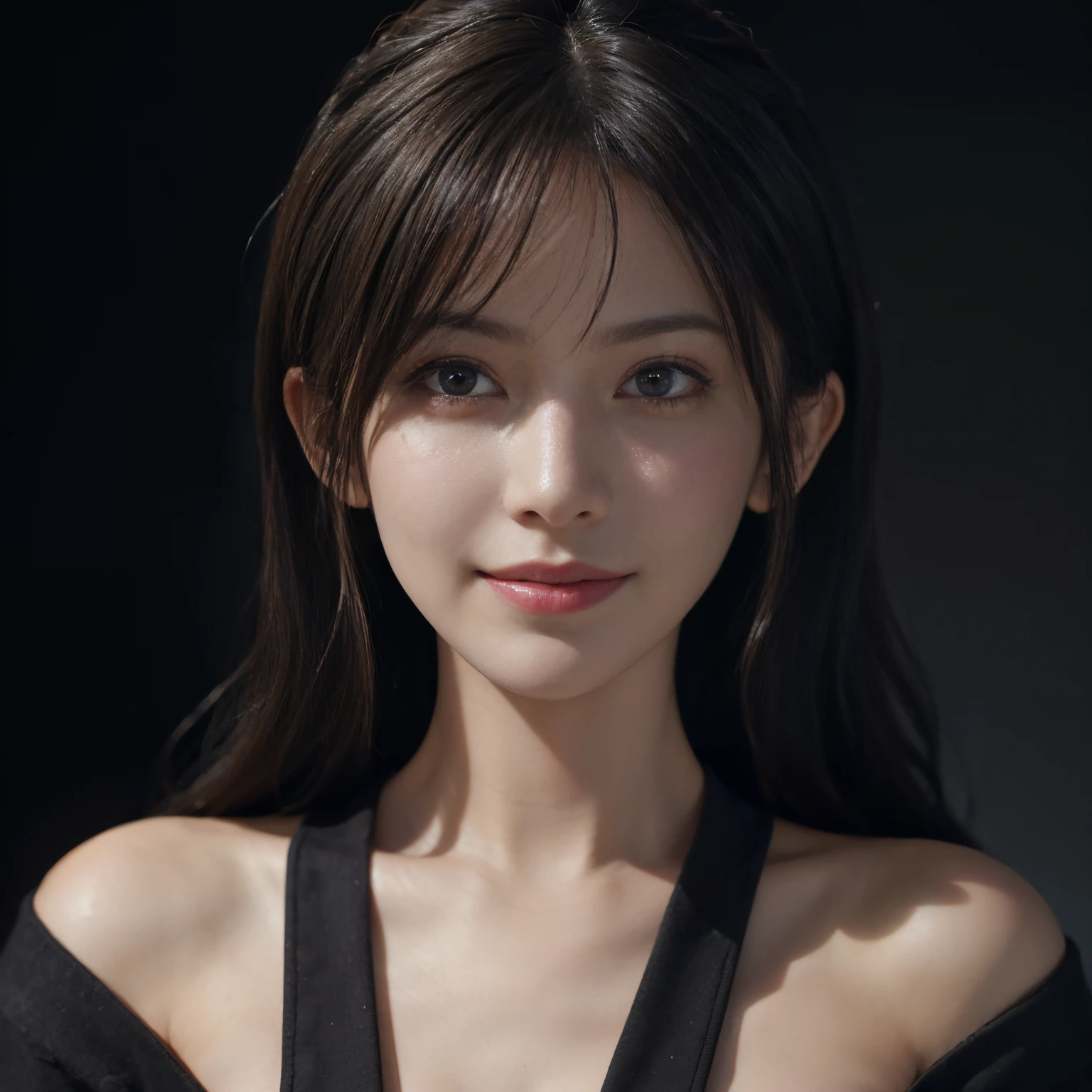 (front focus), (in the dark:1.6), Hyperrealist portrait of female by david hockney and alphonse mucha, fantasy art, photo realistic, dynamic lighting, artstation, poster, volumetric lighting, very detailed faces, 4 k, award winning, 1girl, in the dark, deep shadow, low key, close up (official clothing:1.4), long hair, white hair, smile, ultra detailed skin, happy smile